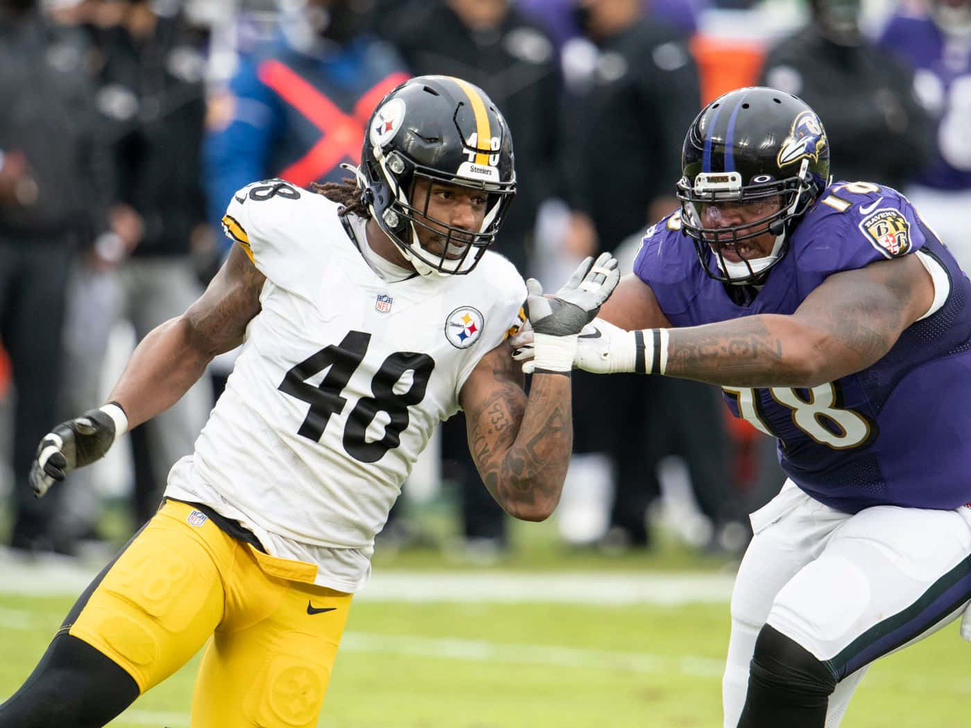 Bud Dupree, football field, white and yellow jersey number 48, HD Desktop Wallpaper