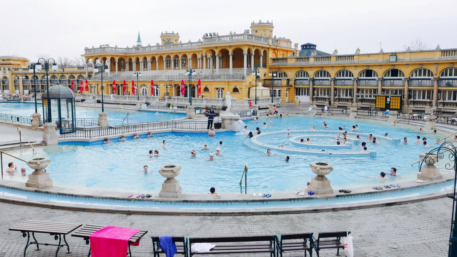Budapest, thermal pool, yellow neoclassical building, HD Desktop Wallpaper