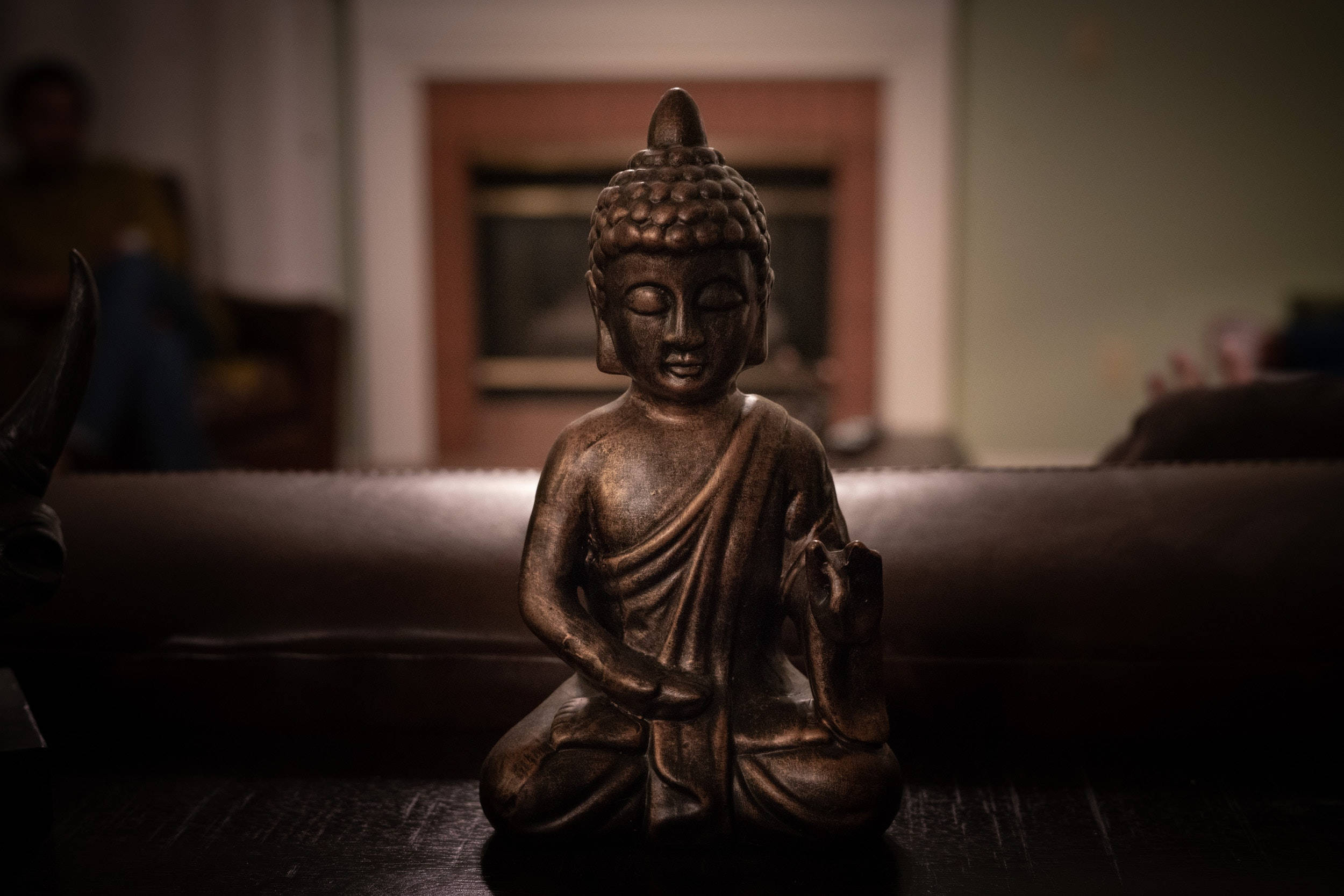 Buddha 3D, bronze statue, dark wooden surface, Full HD Desktop Wallpaper
