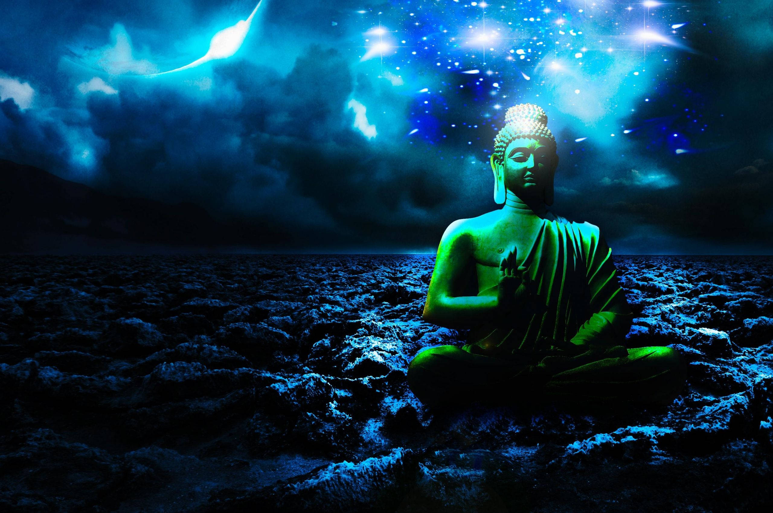 Buddha 3D, green statue, rocky shore, 2K Desktop Wallpaper