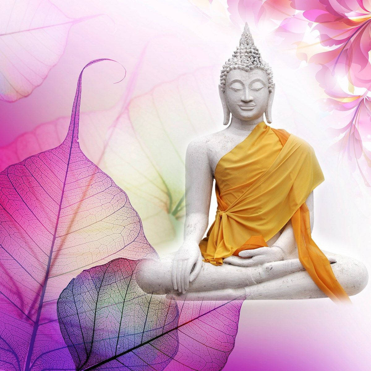 Buddha 3d, pink leaves, white Buddha statue, SD Desktop Wallpaper