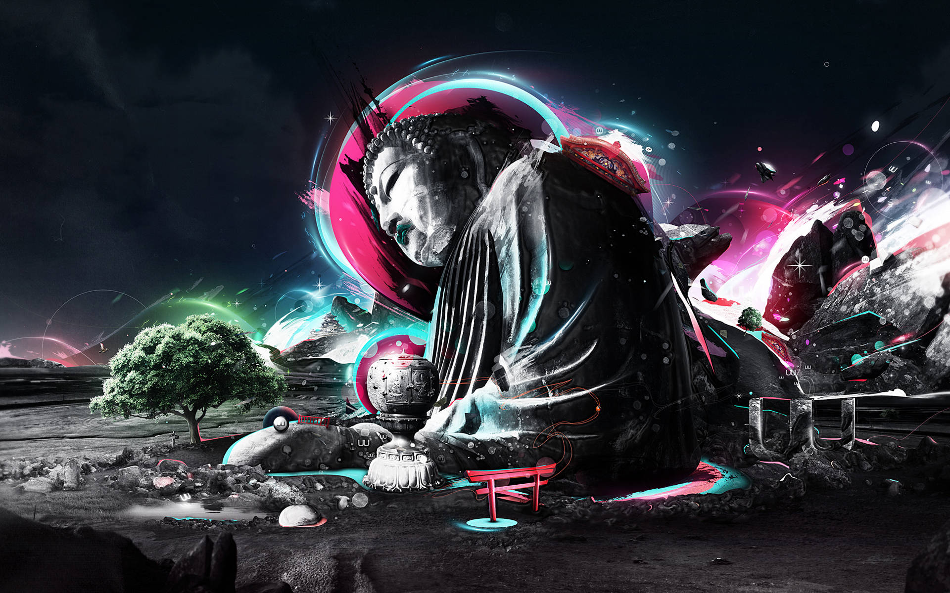 Buddha, cosmic sky, neon halos, Full HD Desktop Wallpaper