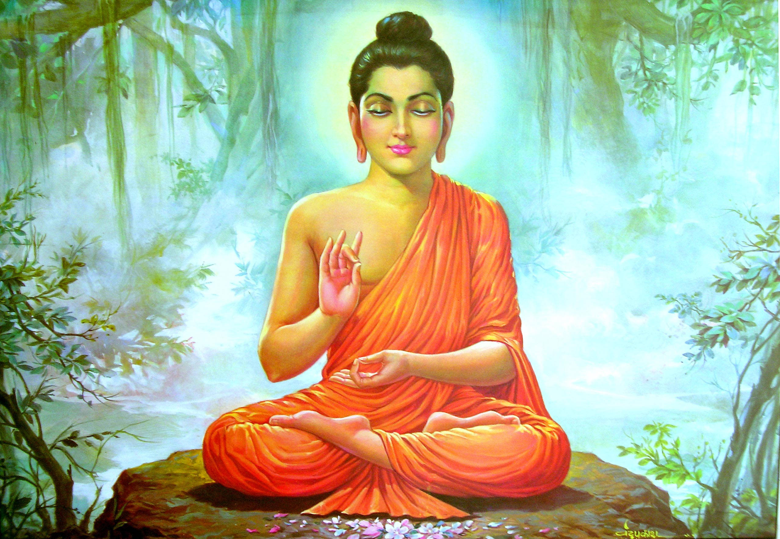 Buddha Desktop, orange robes, mossy rock, Full HD Desktop Wallpaper