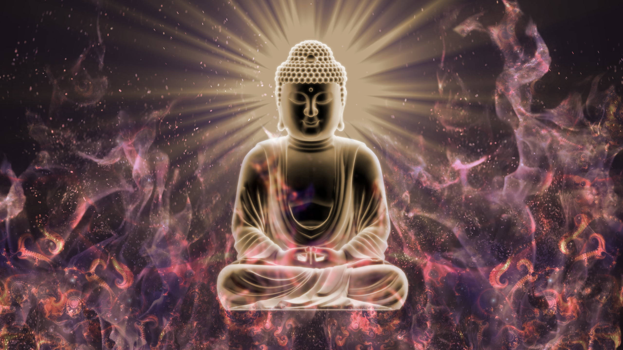 Buddha Desktop, purple flames, golden light, 2K Desktop Wallpaper