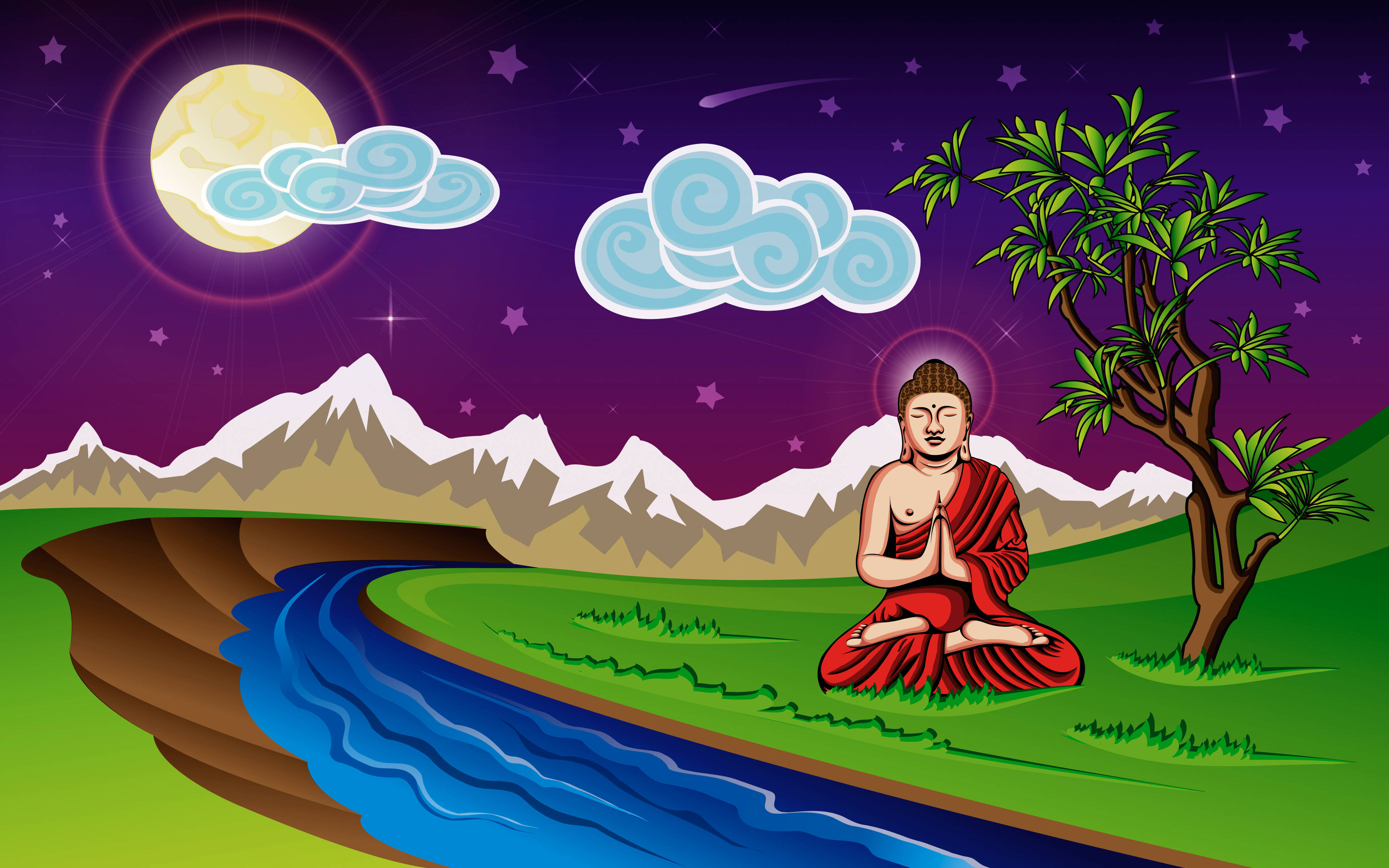 Buddha Desktop, red robes, river, 4K Desktop Wallpaper