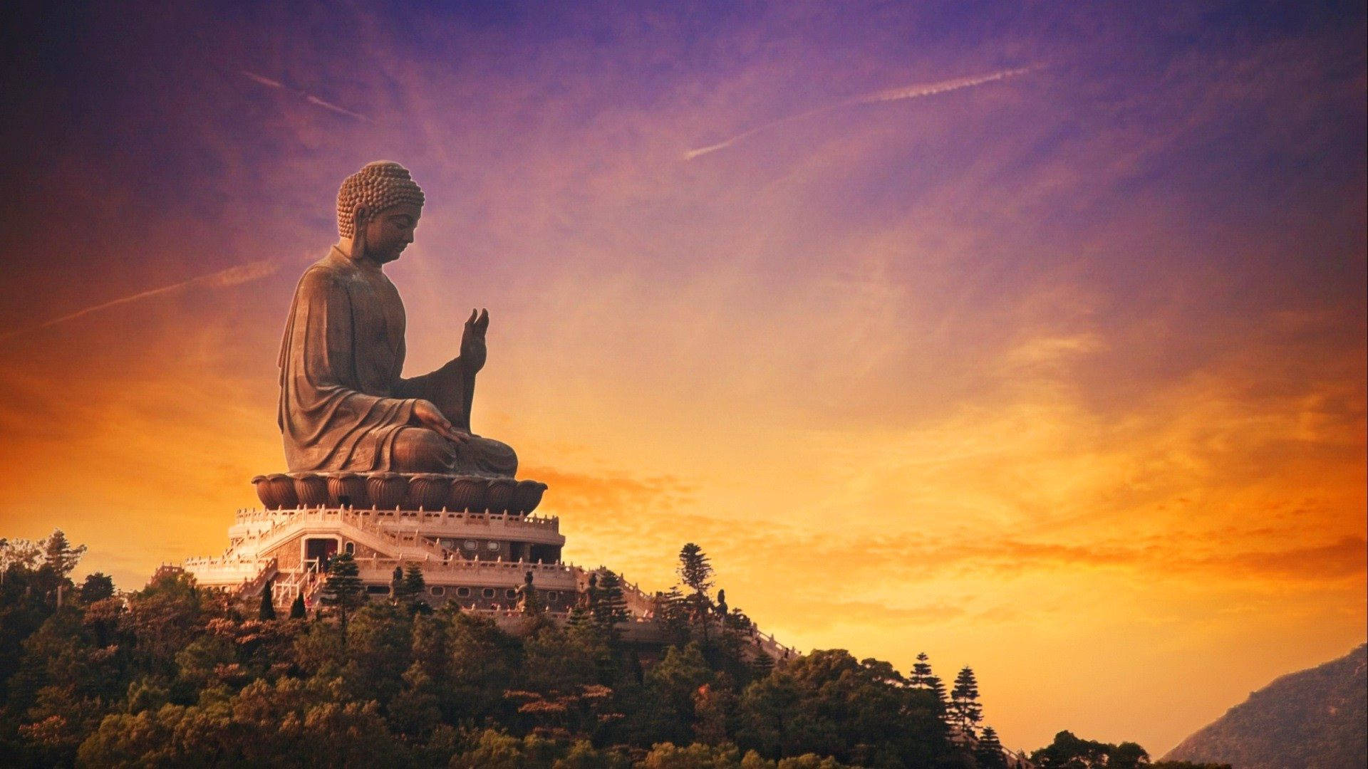 Buddha, sunset, golden sunset light, Full HD Desktop Wallpaper