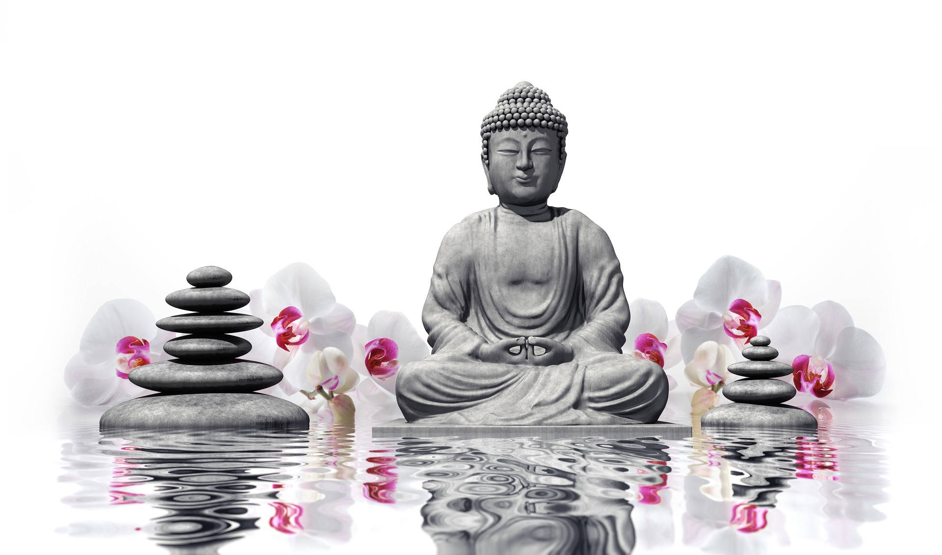 Sitting Buddha, pink orchids, stacked stones, Full HD Desktop Wallpaper