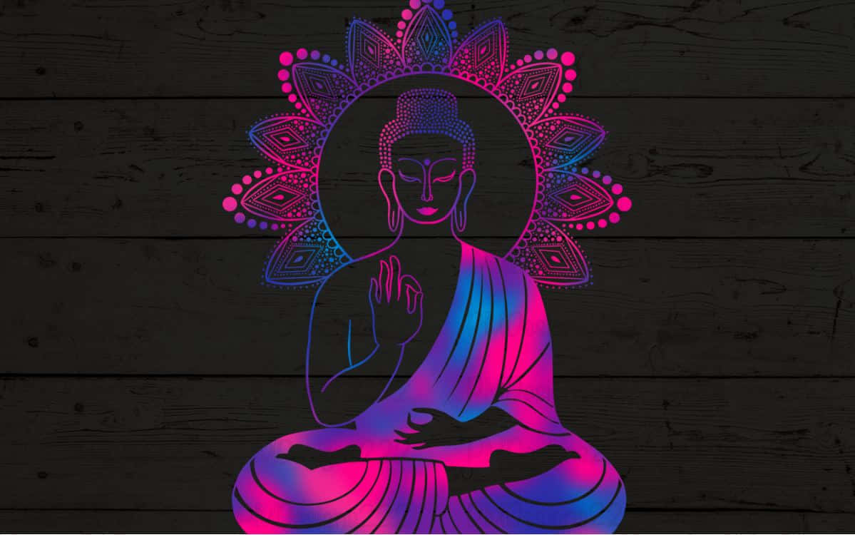 Buddha, neon pink and blue, glowing mandala, SD Desktop Wallpaper