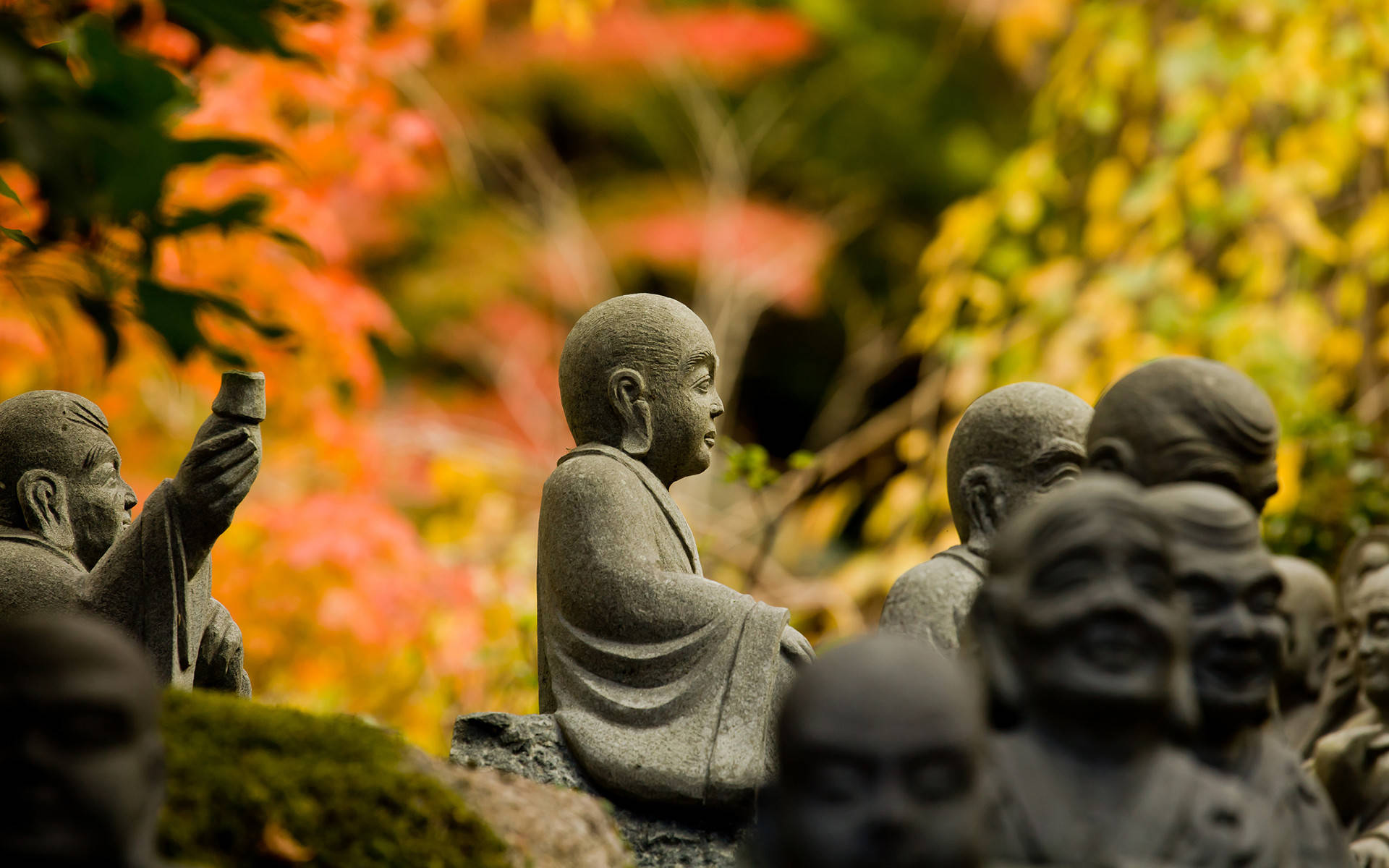 Buddha, stone statues, serene monks, Full HD Desktop Wallpaper