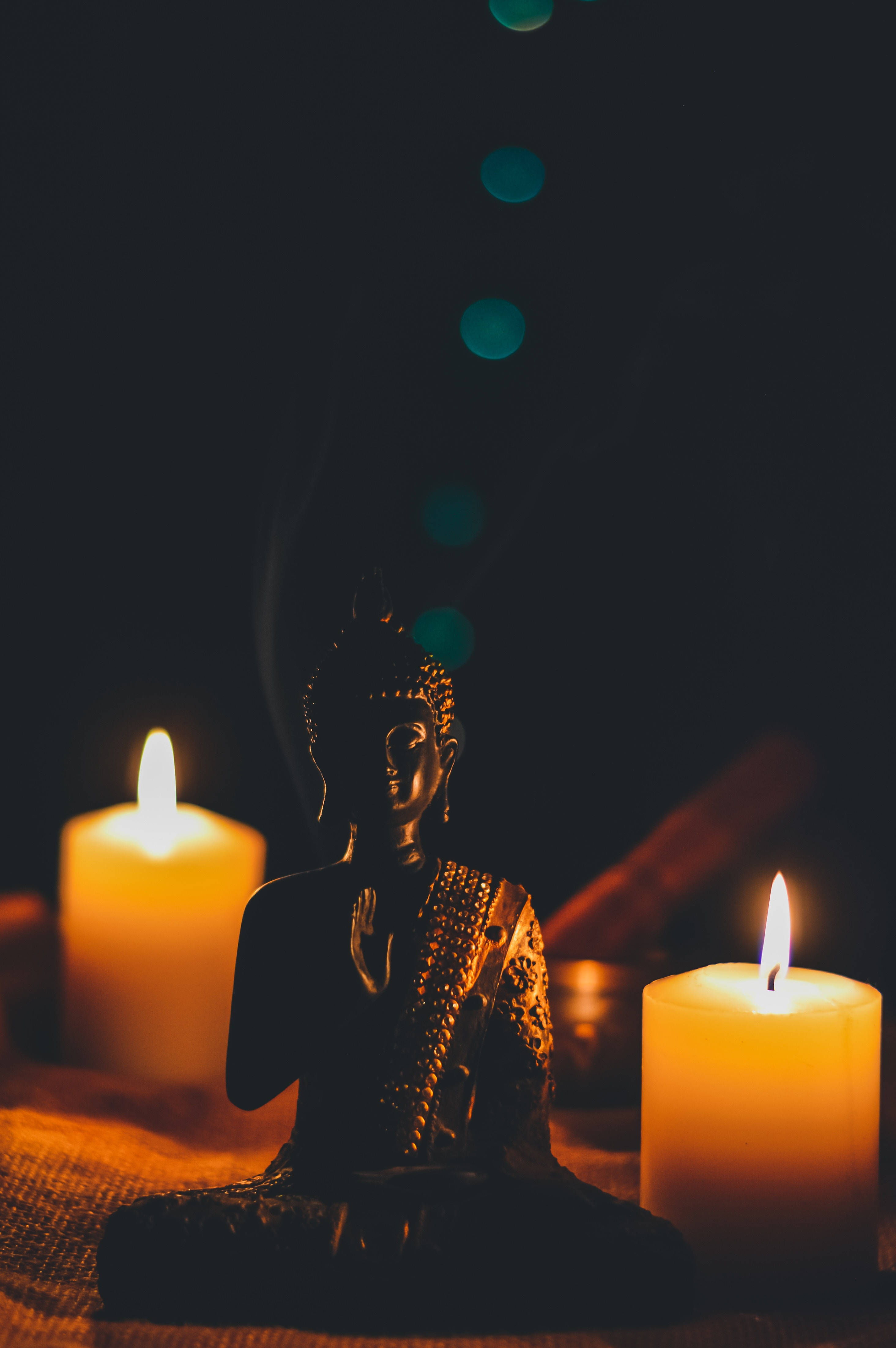 Buddha, lighted candles, teal bokeh lights, 4K Phone Wallpaper