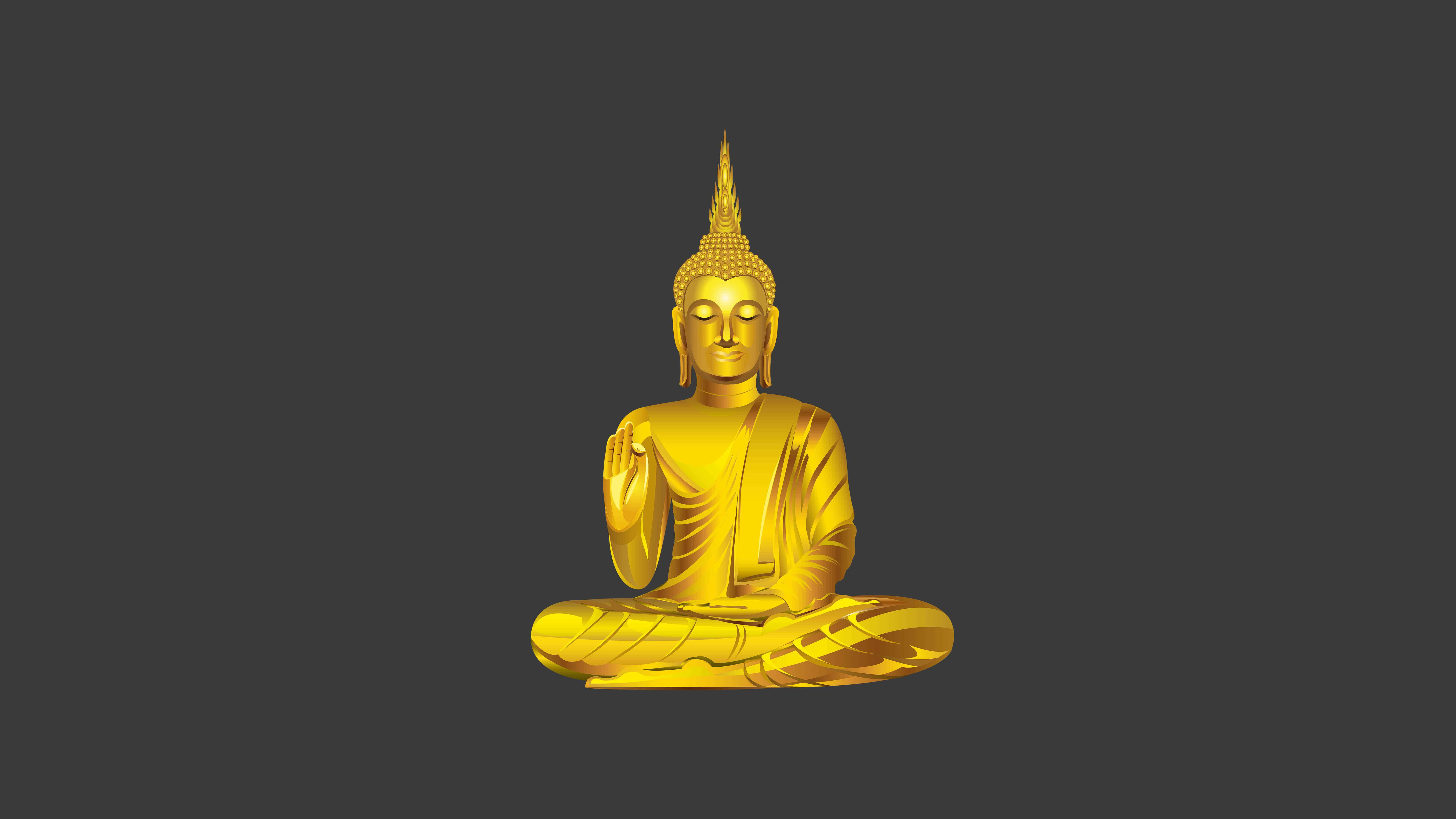 Golden Buddha, meditative pose, dark gray background, 8K Desktop Wallpaper