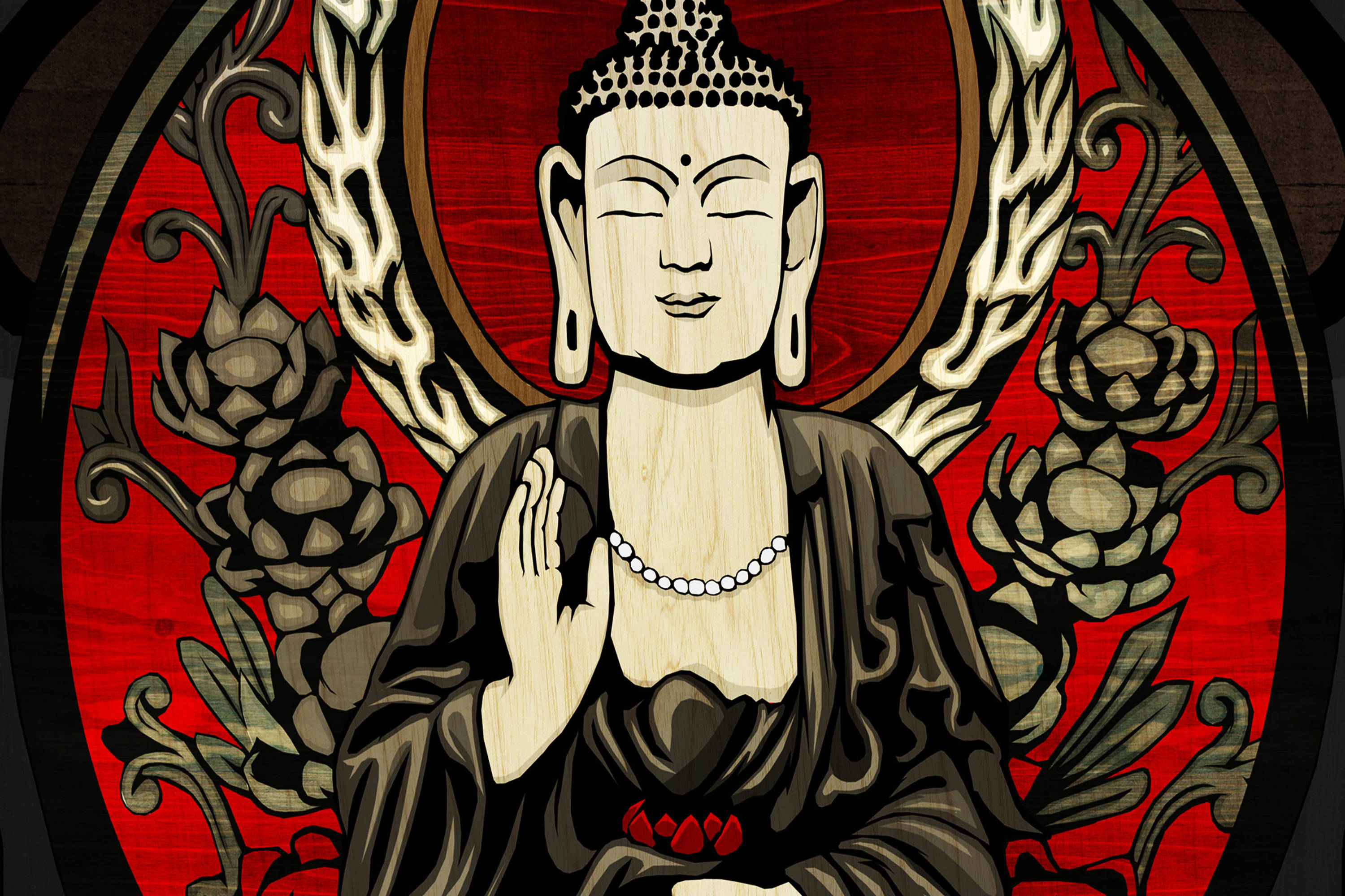 Buddha, red abstract background, closed eyes, 2K Desktop Wallpaper