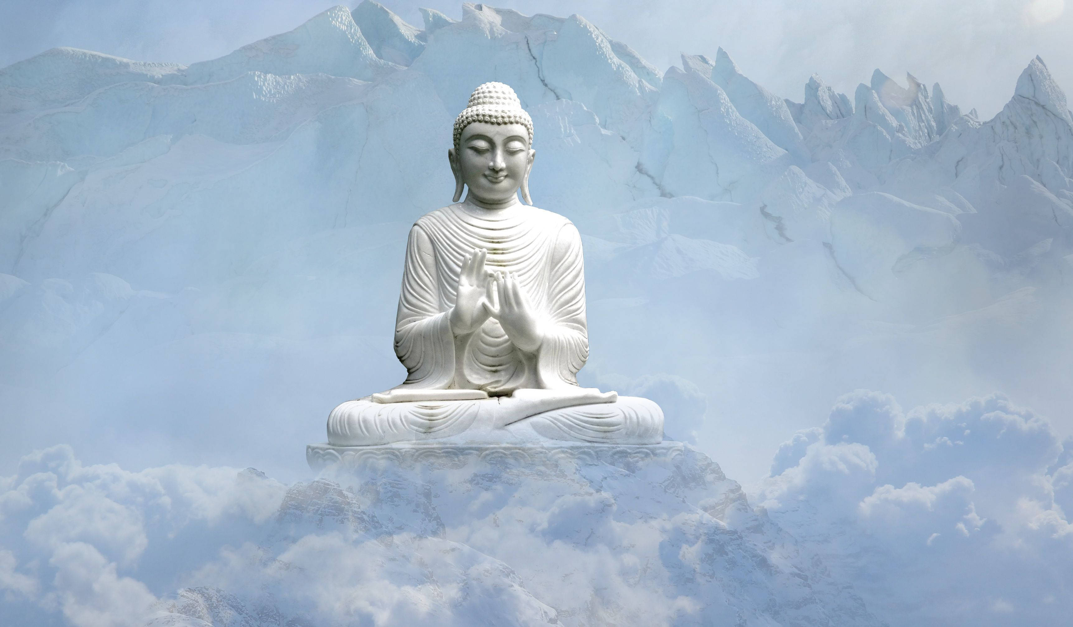 Buddha, 3D, snowy mountain peak, 2K Desktop Wallpaper