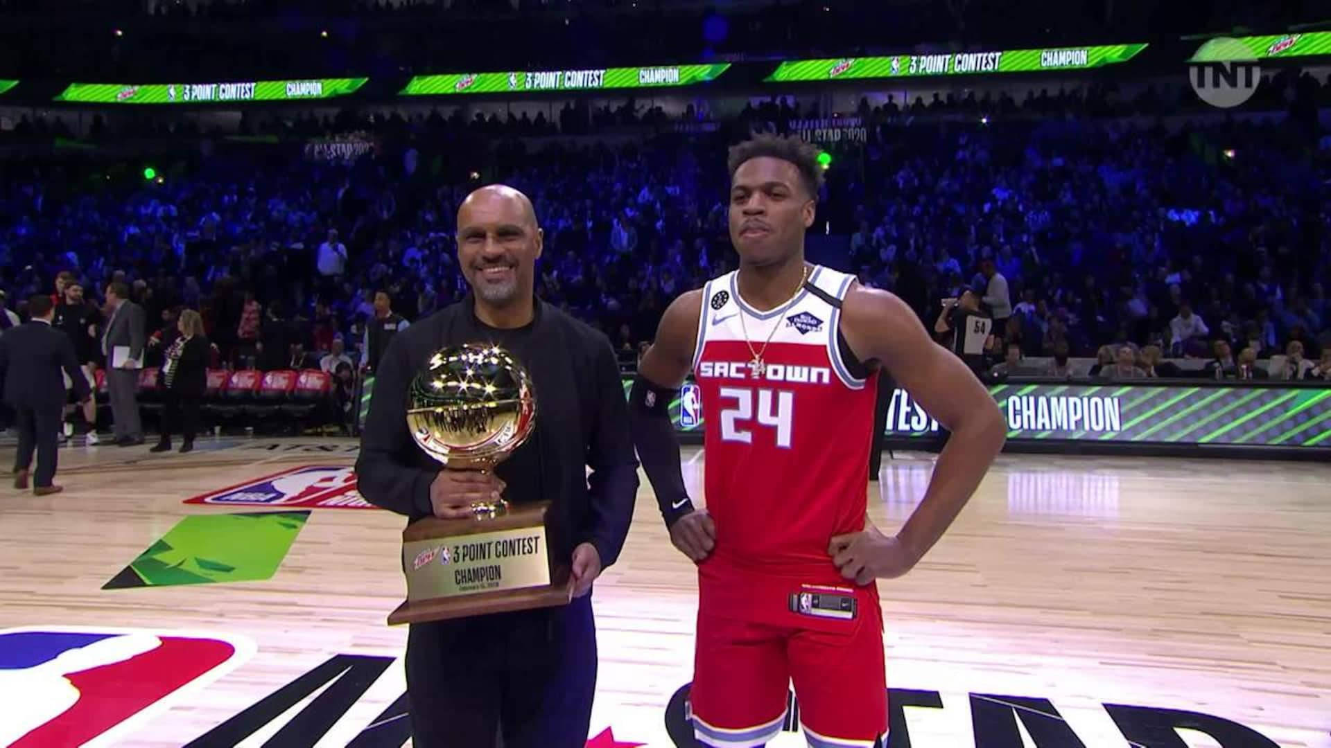 Buddy Hield, three-point contest trophy, lit court, Full HD Desktop Wallpaper
