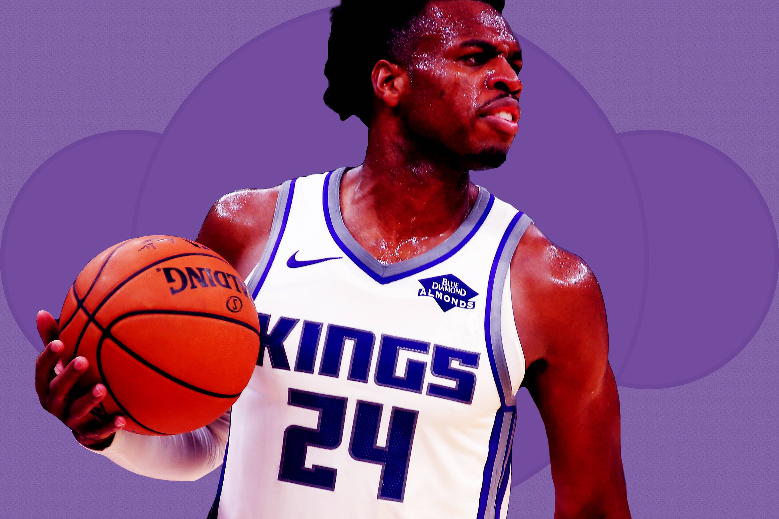 Buddy Hield, white Kings jersey, orange ball, 2K Desktop Wallpaper