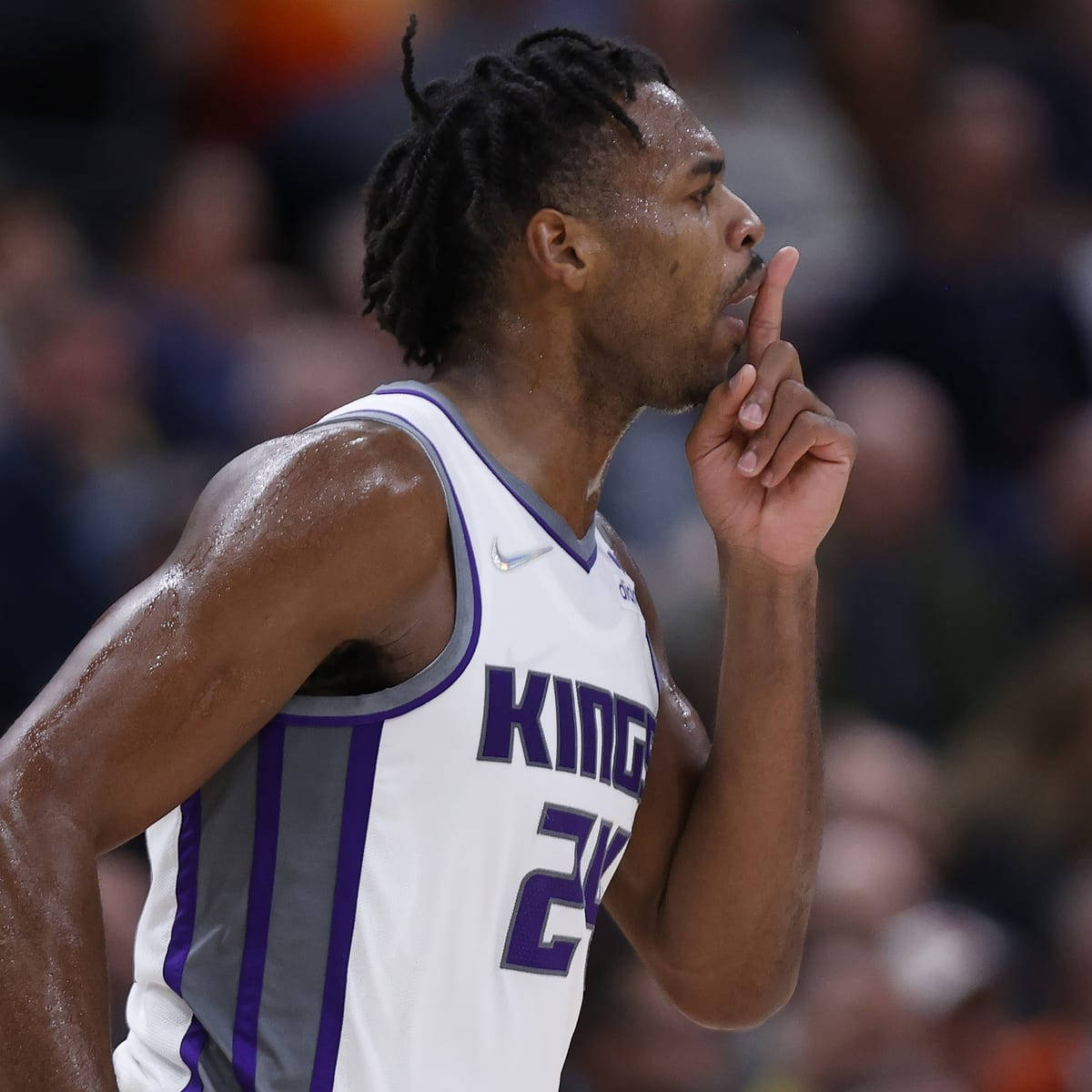 Buddy Hield, white and purple Kings jersey, hush gesture, SD Desktop Wallpaper