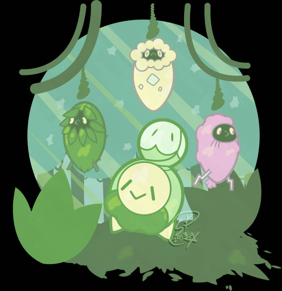 Budew, otherwordly place, stylized green circular forest scene, SD Phone Wallpaper