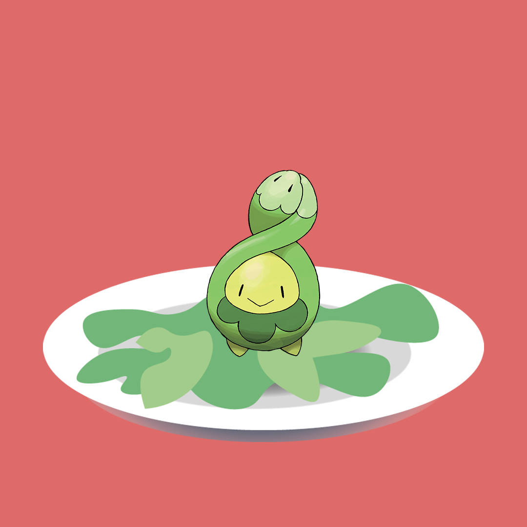 Budew, white plate, solid coral background, SD Desktop Wallpaper