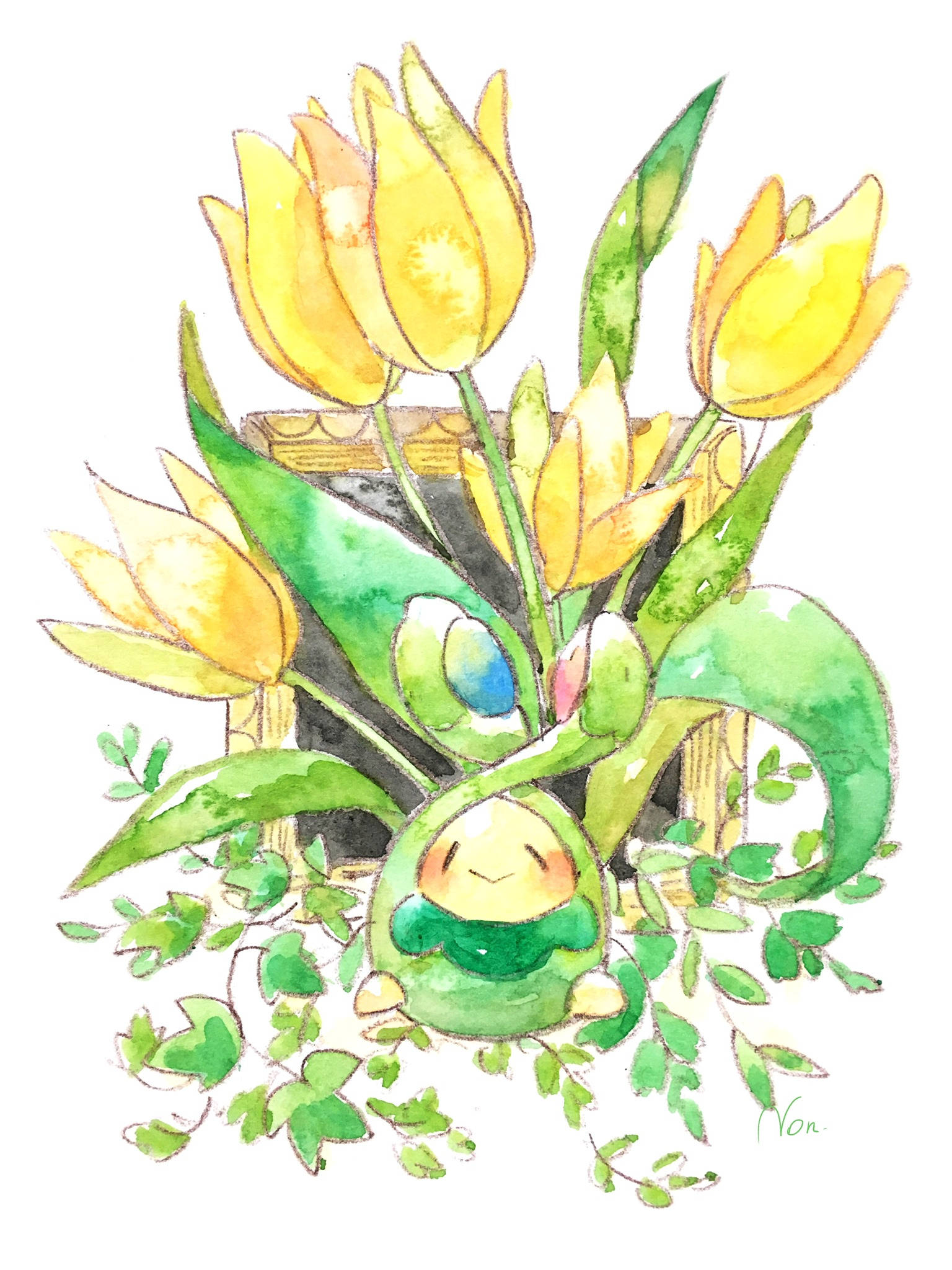 Budew, yellow tulips, watercolor style, Full HD Phone Wallpaper