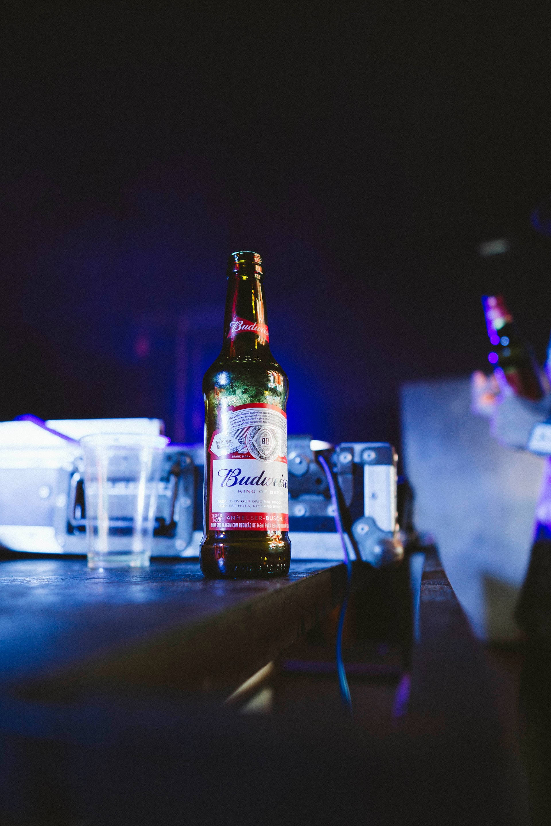 Budweiser, neon lights, dimly lit bar counter, 2K Phone Wallpaper