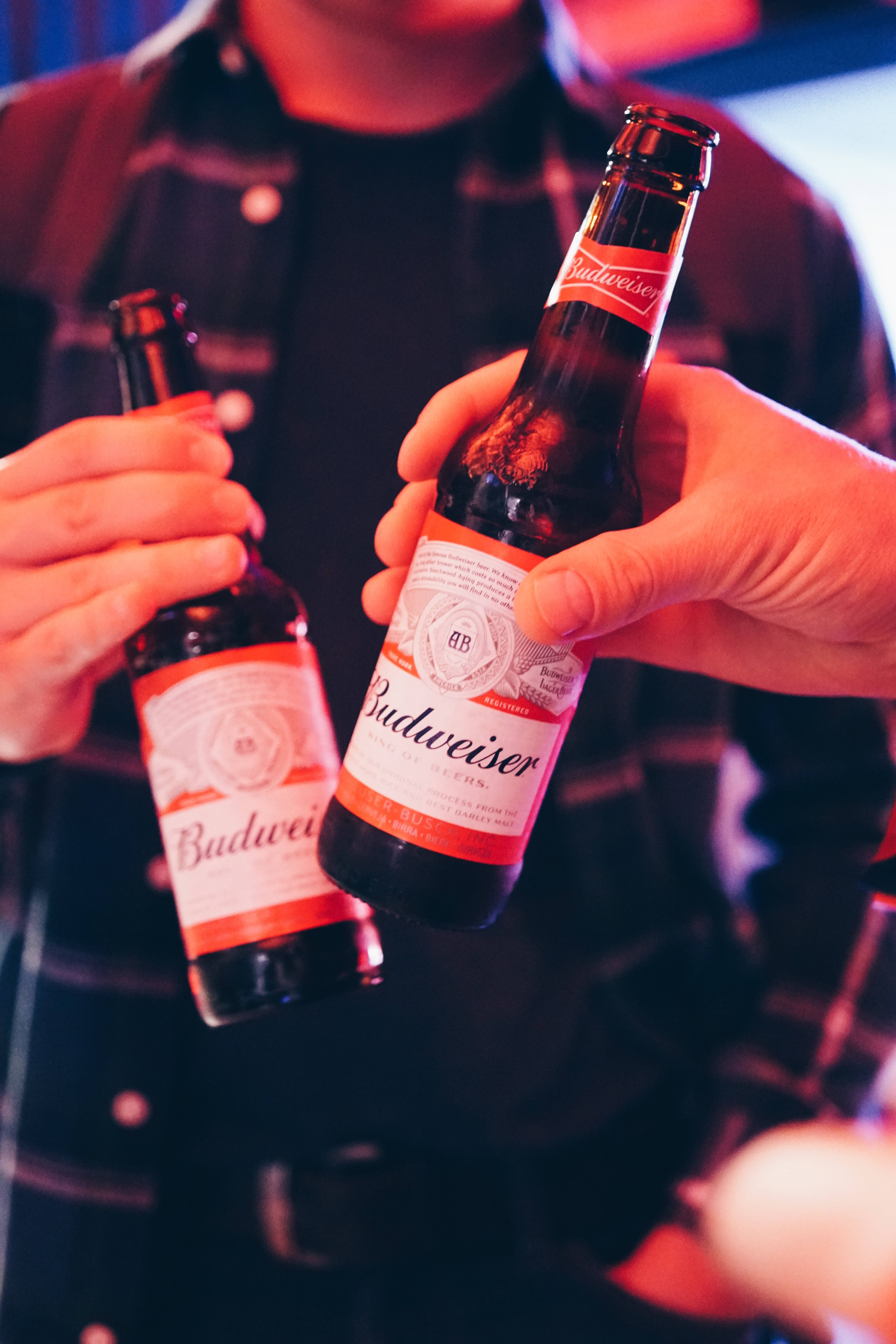Budweiser, beer bottle, red neon light, 5K Phone Wallpaper