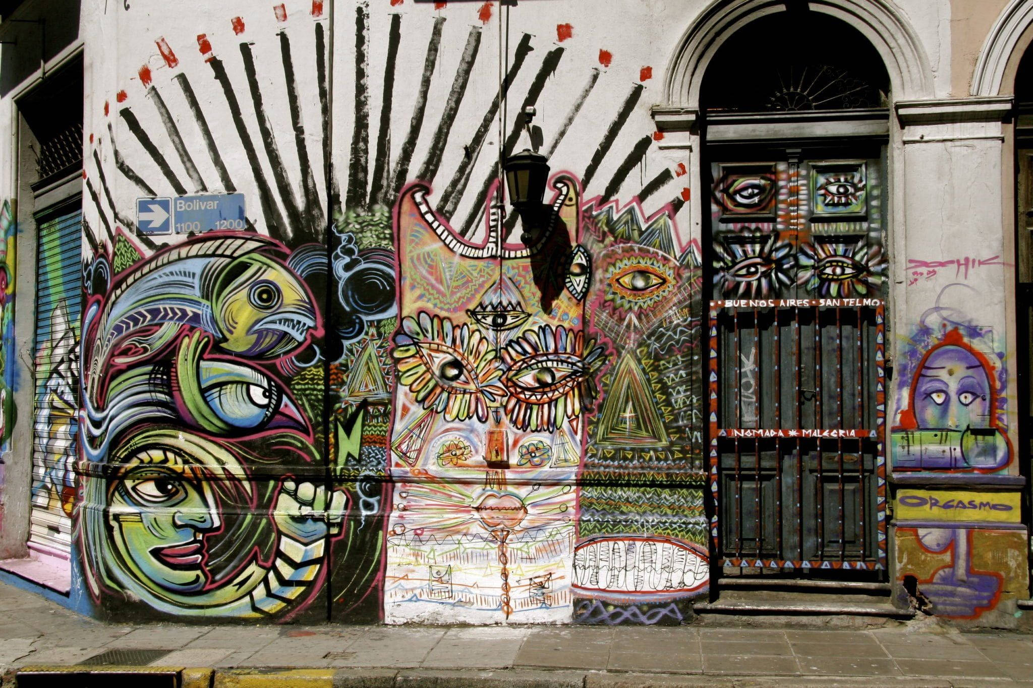 Buenos Aires, graffiti art, psychedelic faces, Full HD Desktop Wallpaper