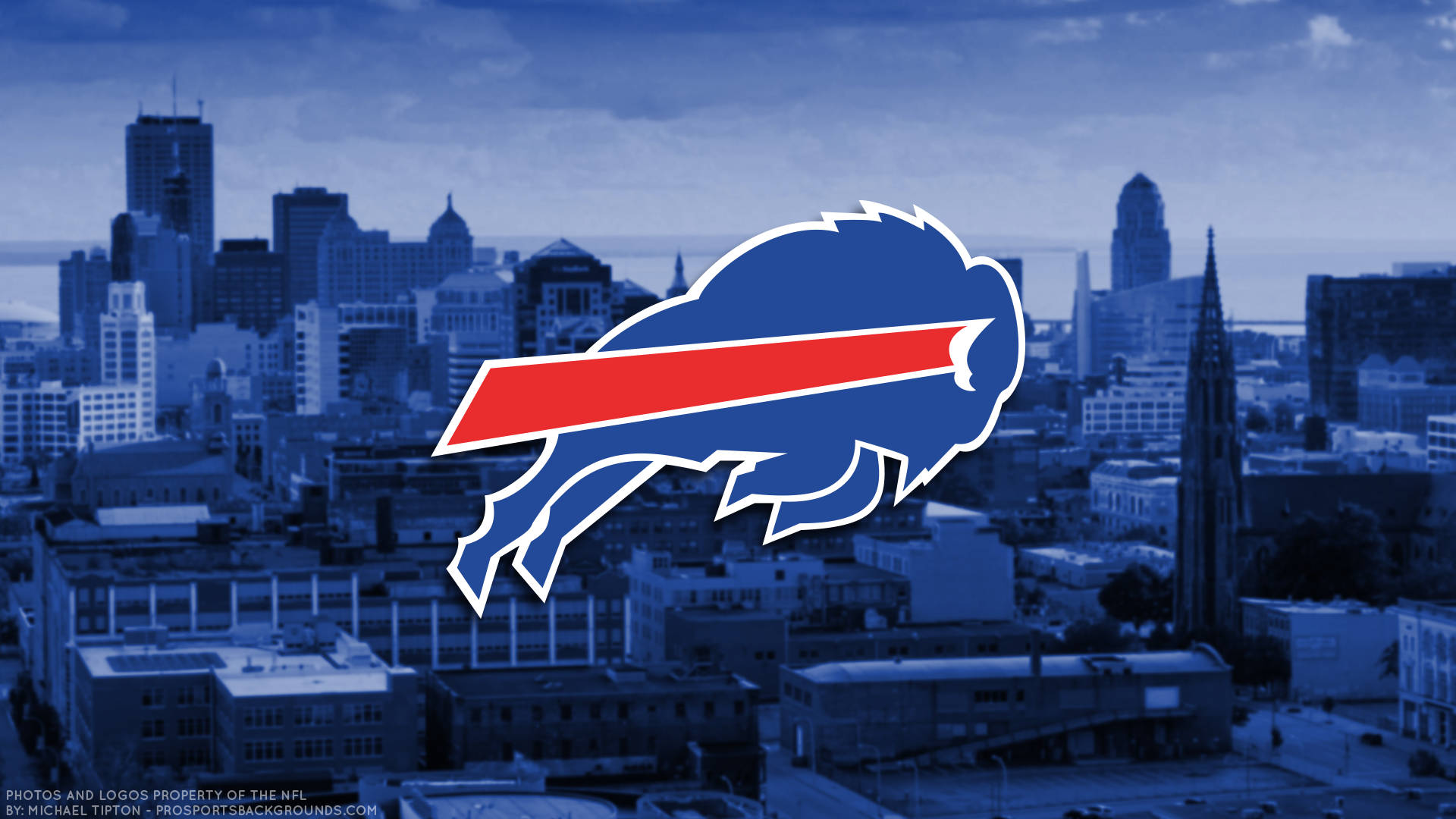 Buffalo Bills, blue and red charging buffalo logo, monochromatic city skyline, Full HD Desktop Wallpaper
