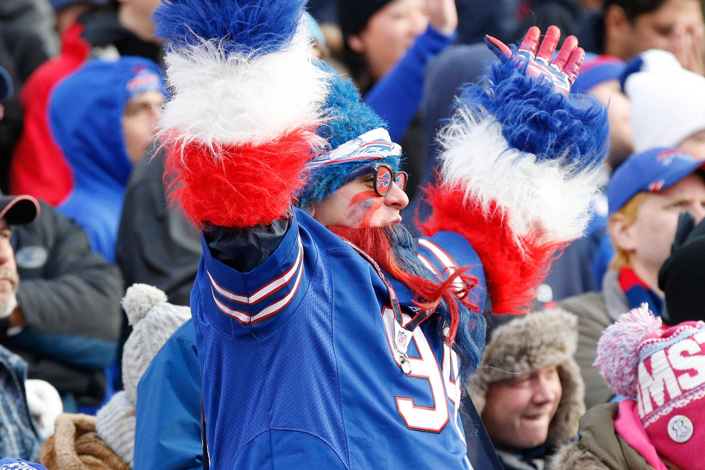 Buffalo Bills, blue jersey, red white blue pom-poms, Full HD Desktop Wallpaper