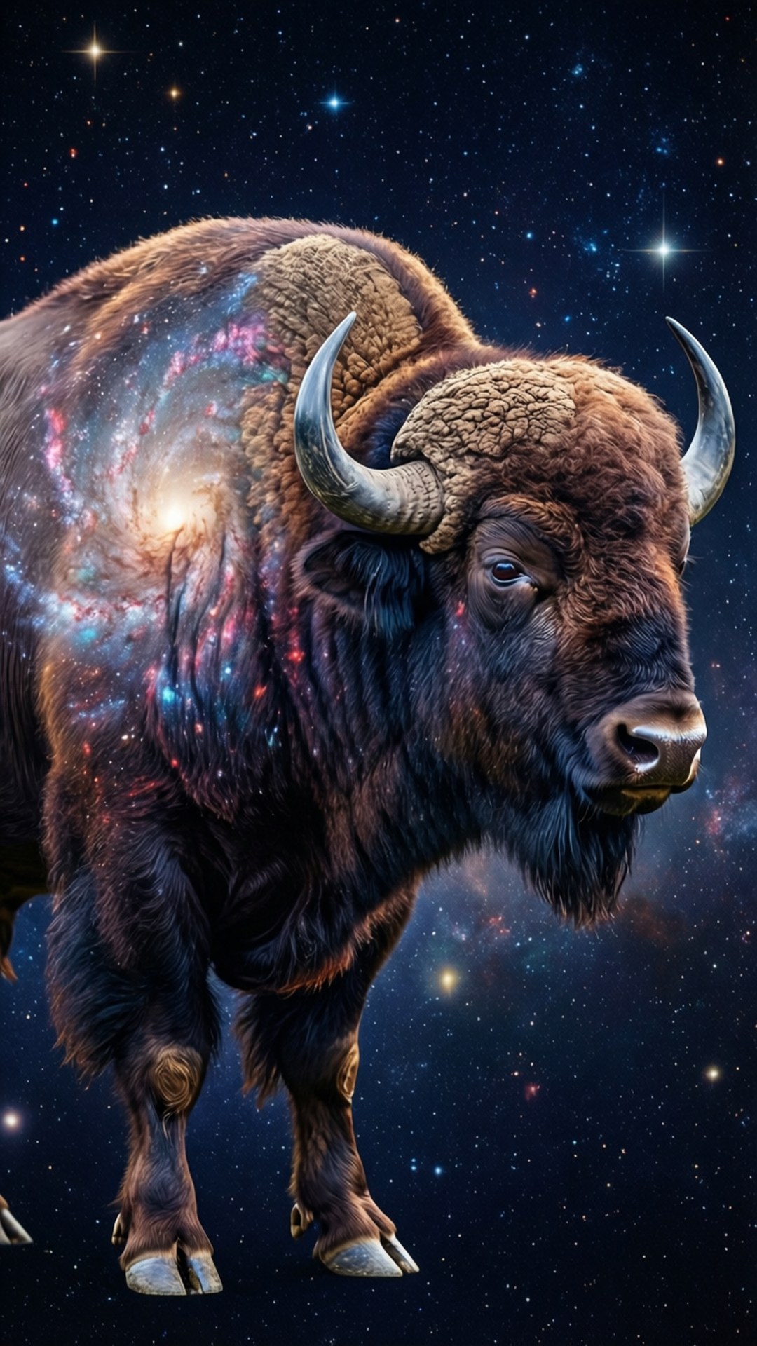 Galaxy Buffalo, bison, starry cosmic backdrop, Full HD Phone Wallpaper