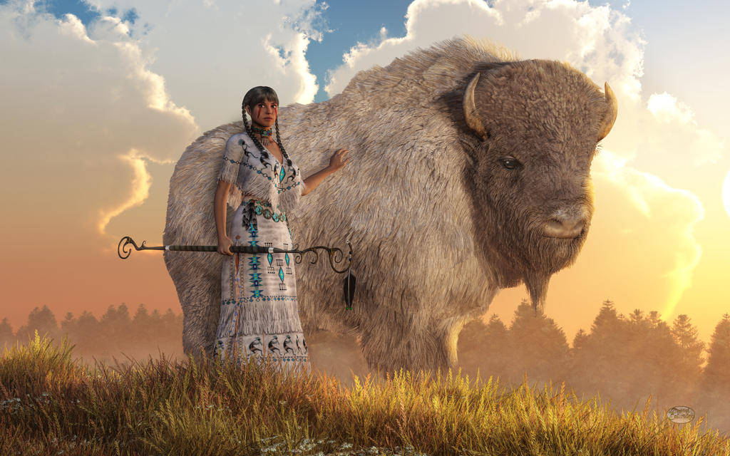 Buffalo, Native American woman, traditional dress, SD Desktop Wallpaper