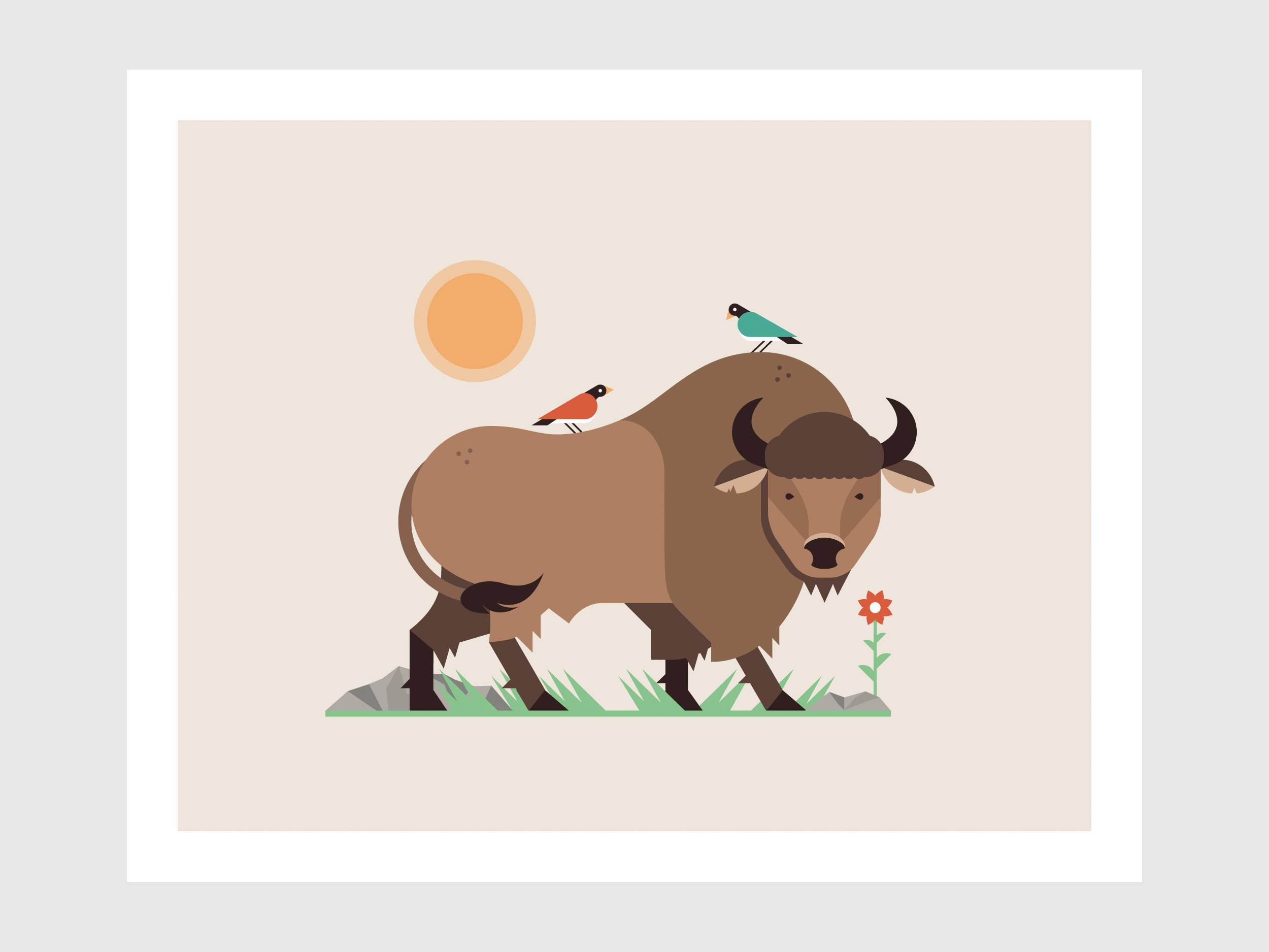 Buffalo Aesthetic Cartoon, bison, two birds, Full HD Desktop Wallpaper