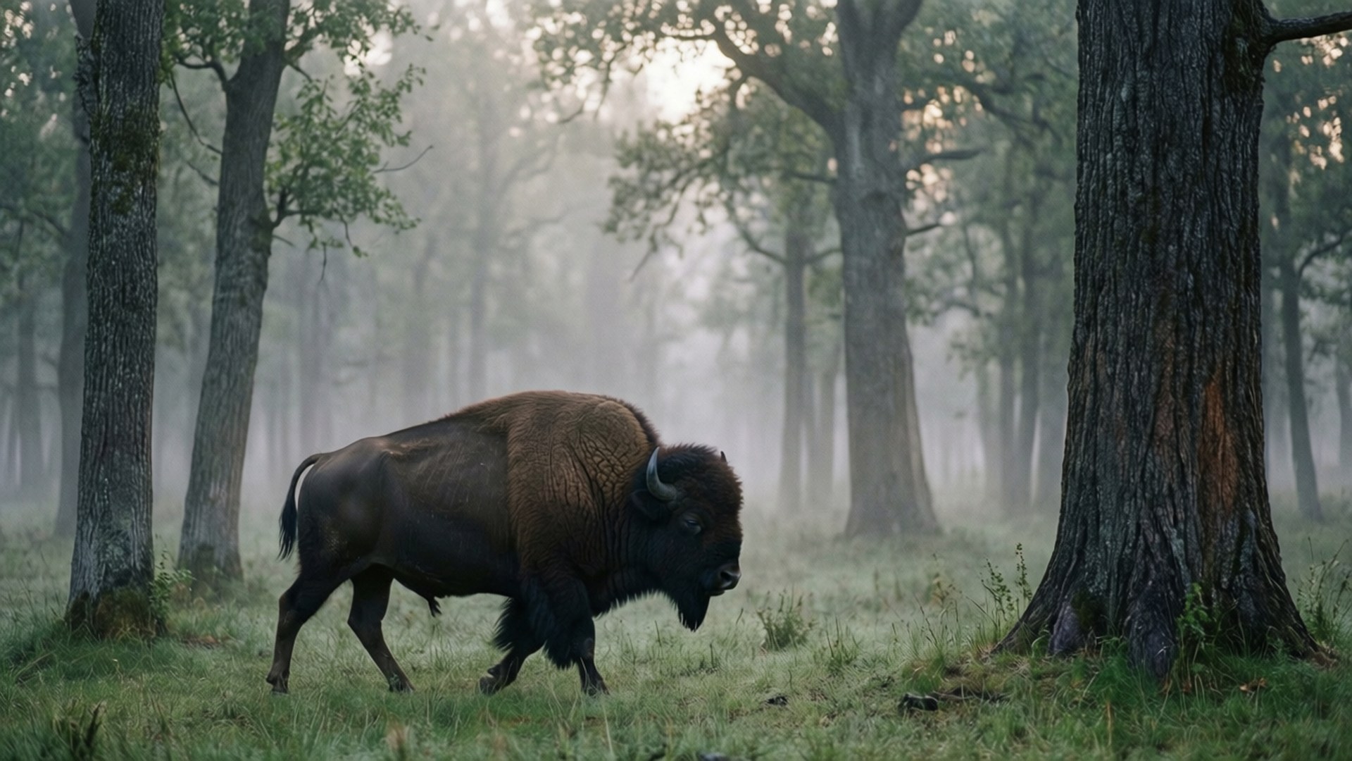 Buffalo, misty forest, tall trees, Full HD Desktop Wallpaper
