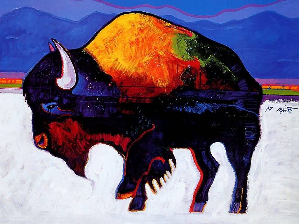 majestic buffalo, fiery orange and green back, snow, SD Desktop Wallpaper