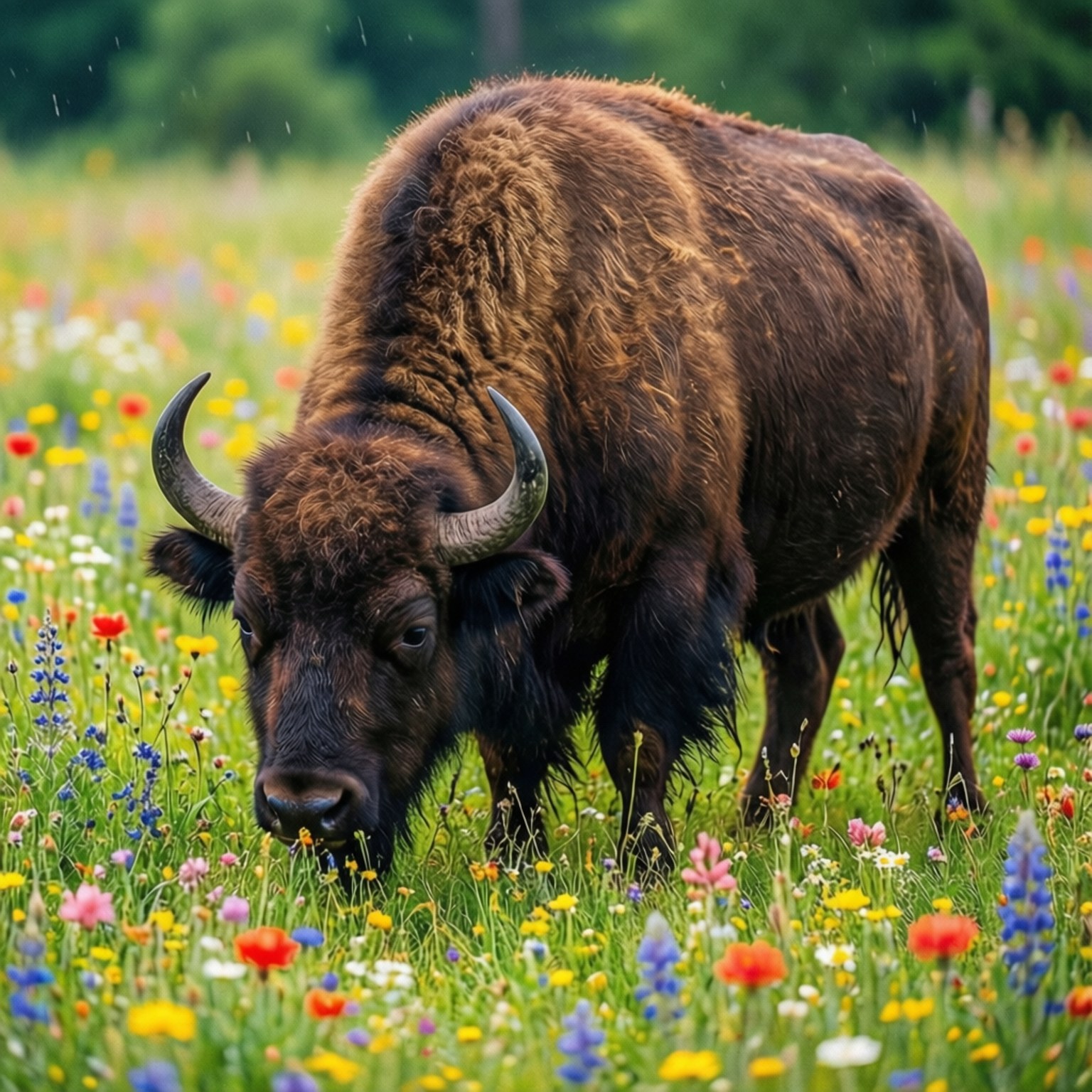 Buffalo, wildflowers, vibrant meadow, HD Desktop Wallpaper