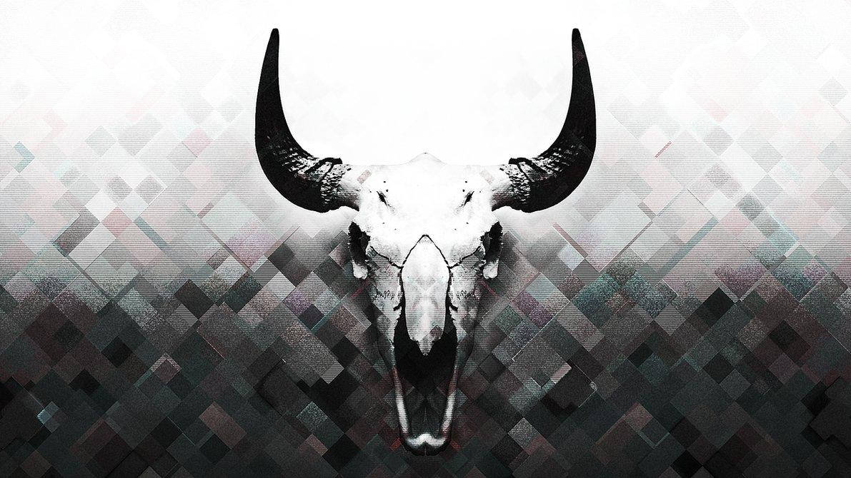 buffalo skull, curved horns, pixelated gradient background, SD Desktop Wallpaper