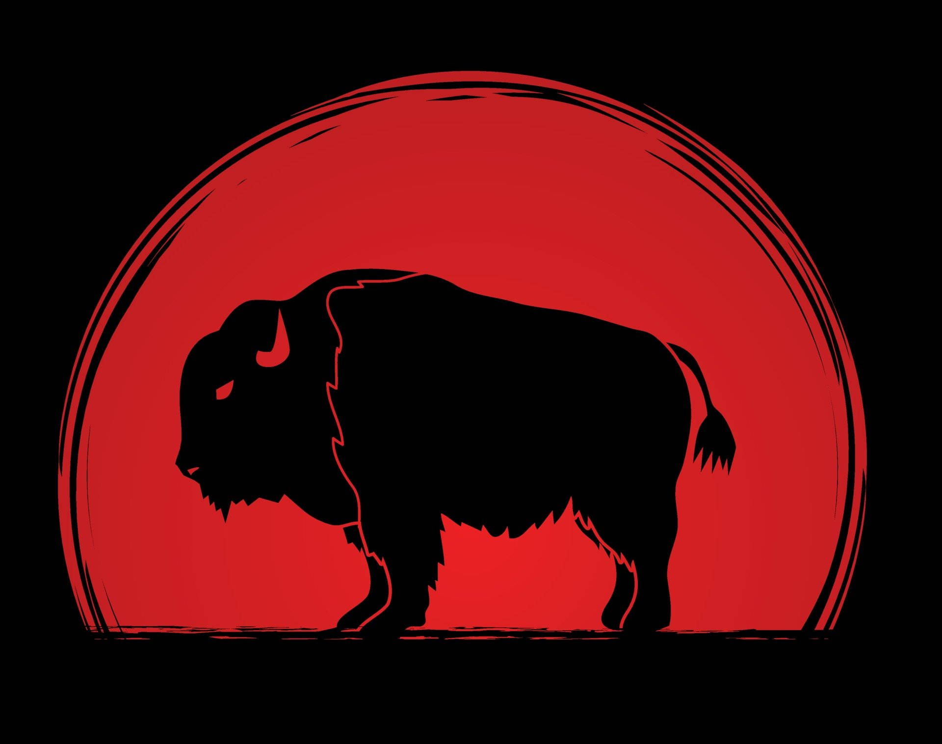 buffalo, black bison silhouette, vibrant red circular backdrop, Full HD Desktop Wallpaper