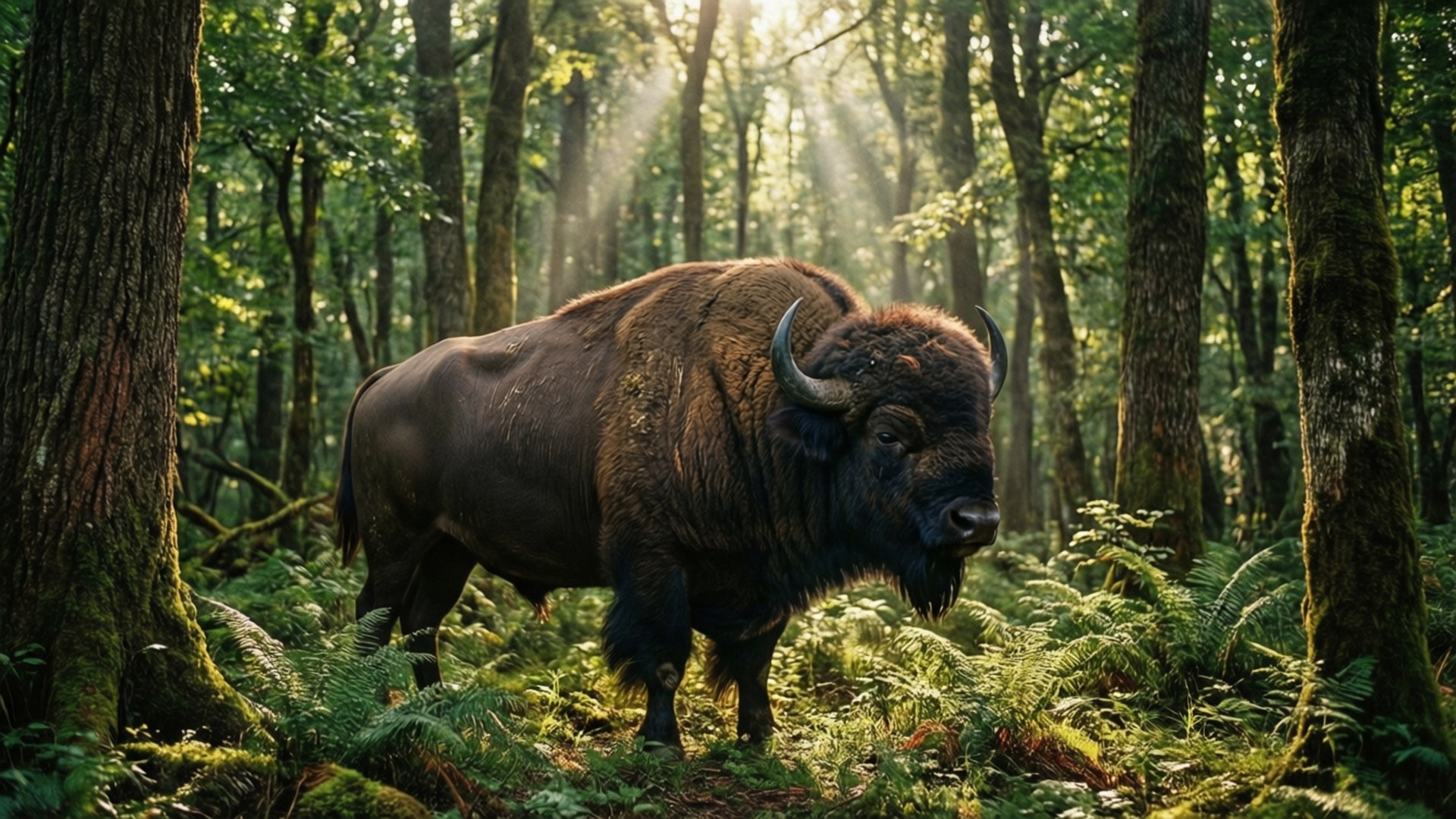 Forest Buffalo, bison, sunlit forest, Full HD Desktop Wallpaper