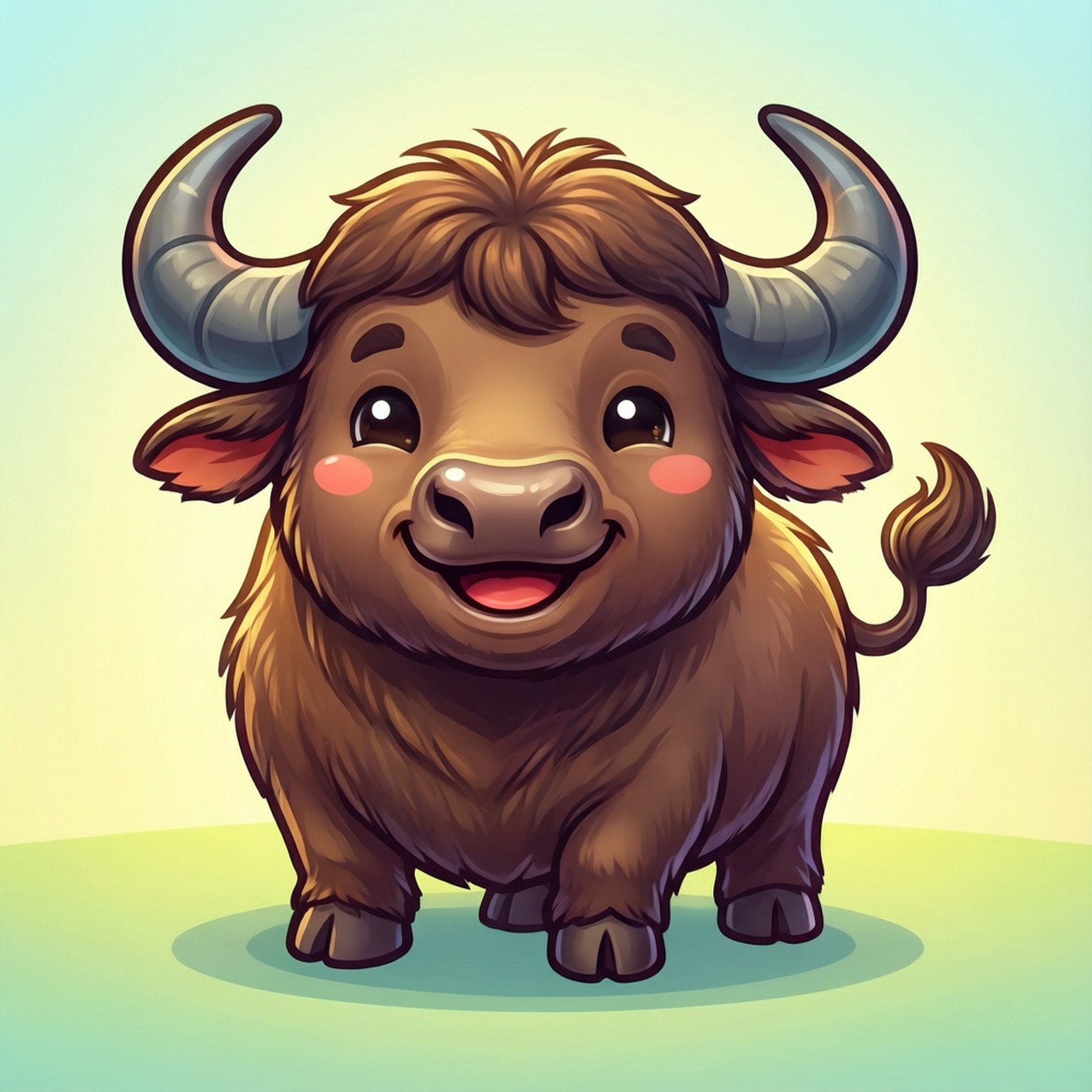 Cute Cartoon Buffalo, big horns, wide smile, HD Desktop Wallpaper