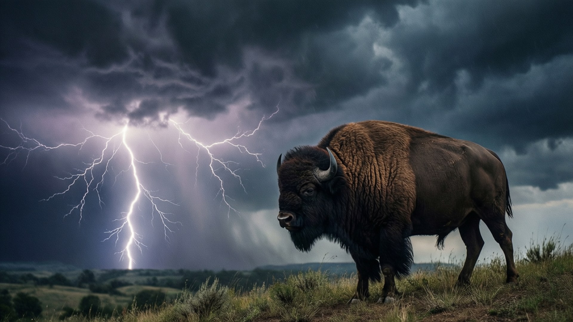 Buffalo, Thunderstorm, Grassy hill, Full HD Desktop Wallpaper