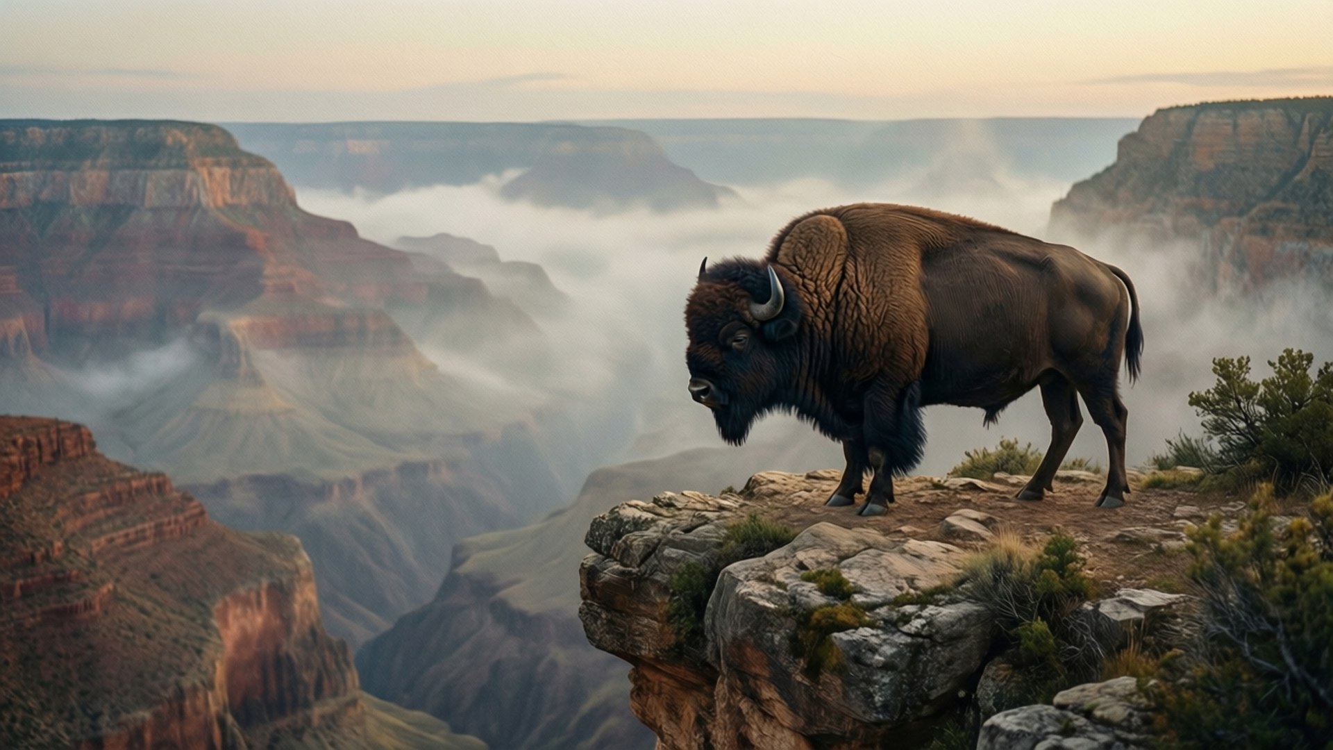 Buffalo, cliff, misty canyon, Full HD Desktop Wallpaper