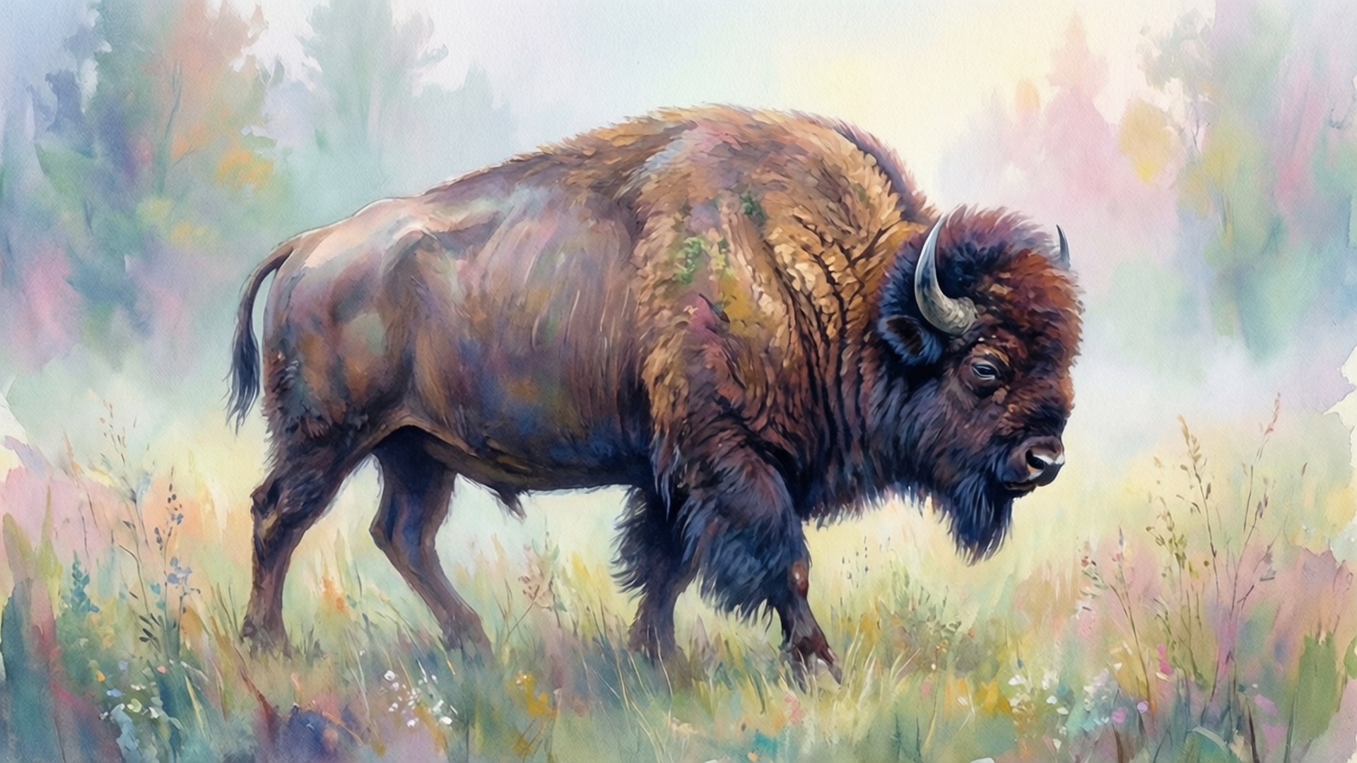 Misty Meadow Buffalo, misty meadow, bison, Full HD Desktop Wallpaper