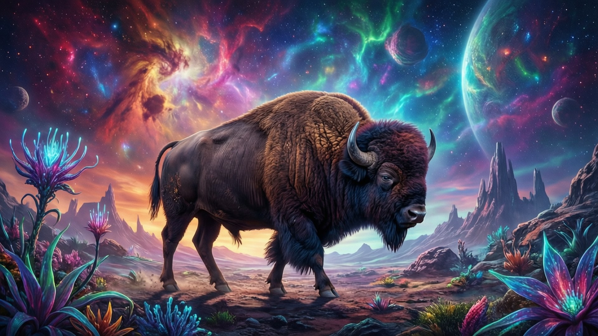 Buffalo, space, surreal alien landscape, Full HD Desktop Wallpaper