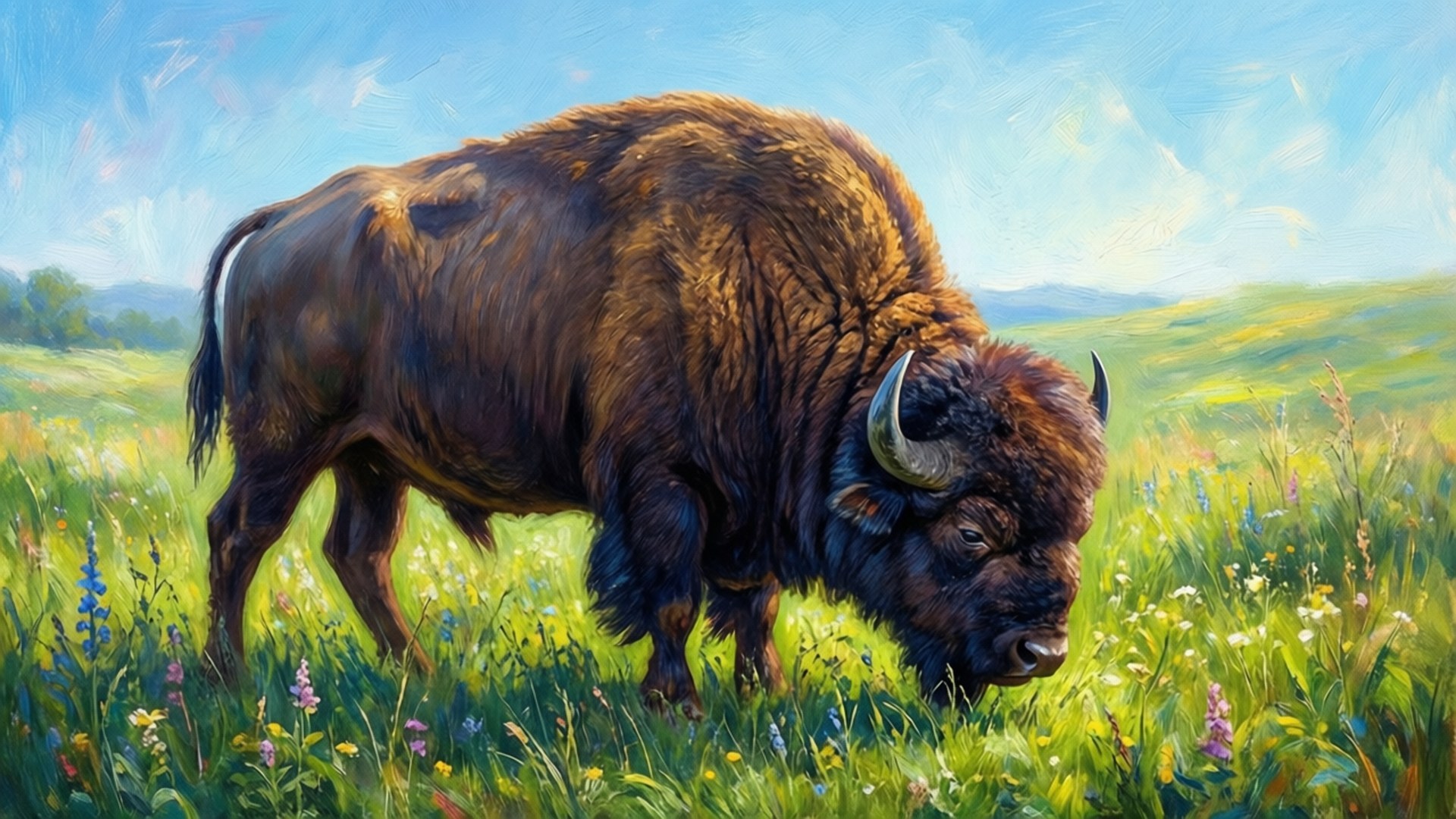 bison, thick brown fur, curved horns, Full HD Desktop Wallpaper