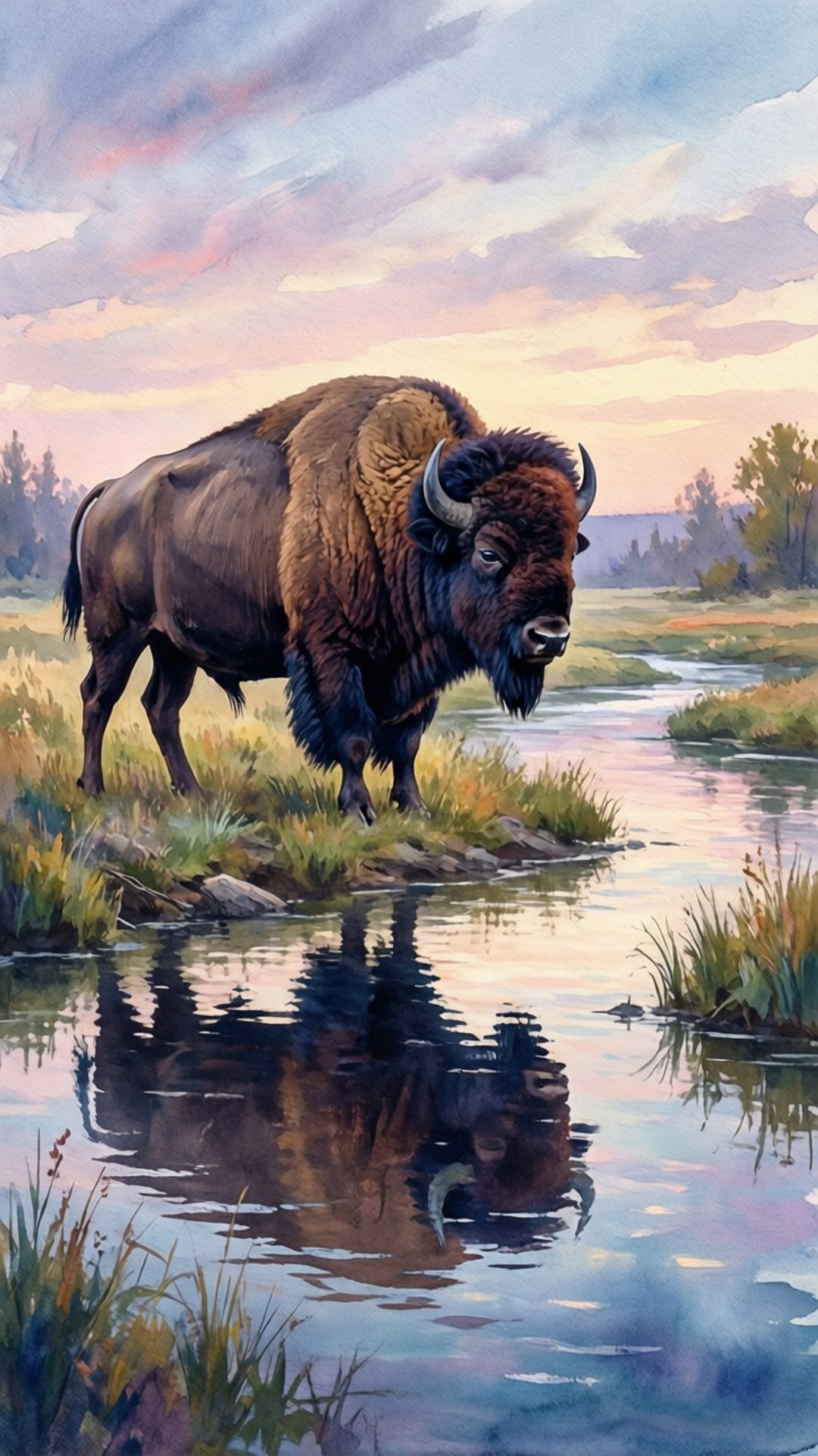 watercolor, buffalo, dusk, Full HD Phone Wallpaper