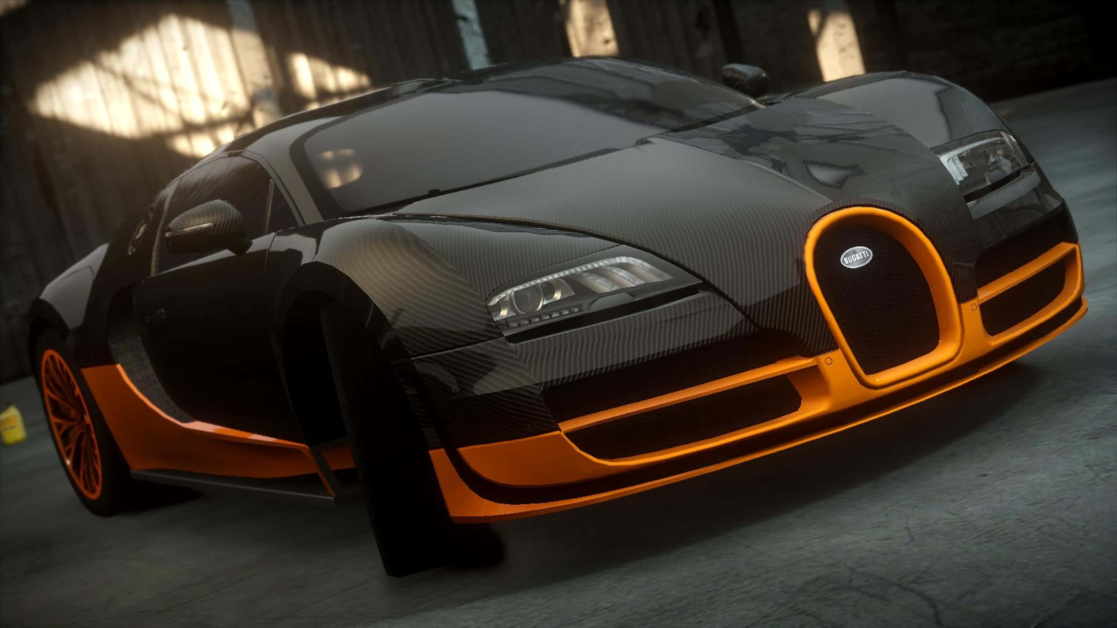 Bugatti, black carbon fiber, vibrant orange accents, 4K Desktop Wallpaper