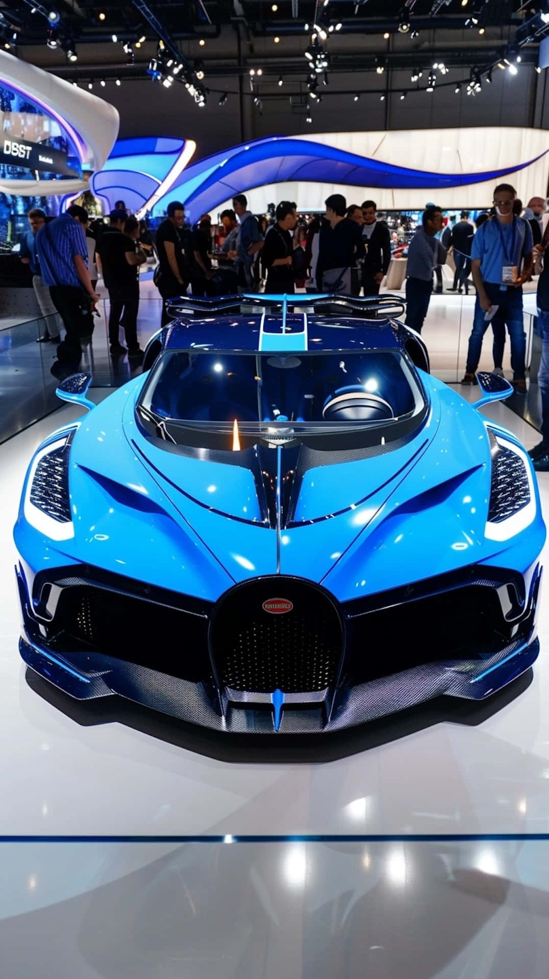 Bugatti Bolide, exhibition lights, polished floor, Full HD Phone Wallpaper