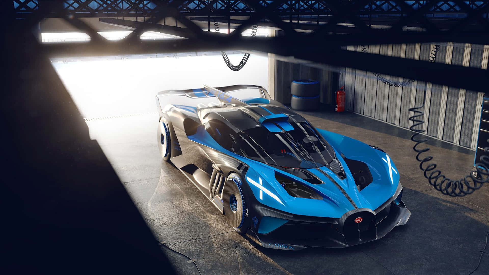 Bugatti Bolide, blue and black, garage lighting, Full HD Desktop Wallpaper