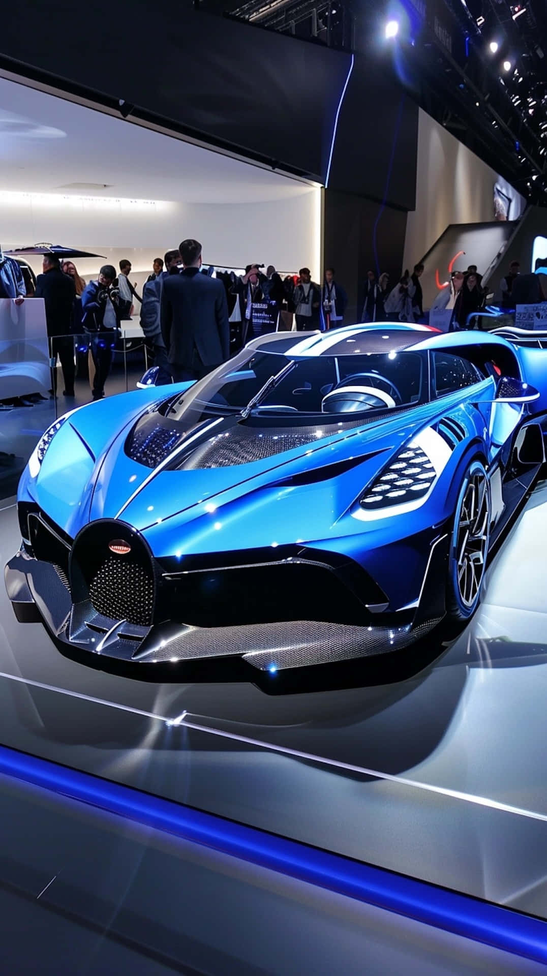 Bugatti Bolide, exhibition lights, reflective platform, Full HD Phone Wallpaper