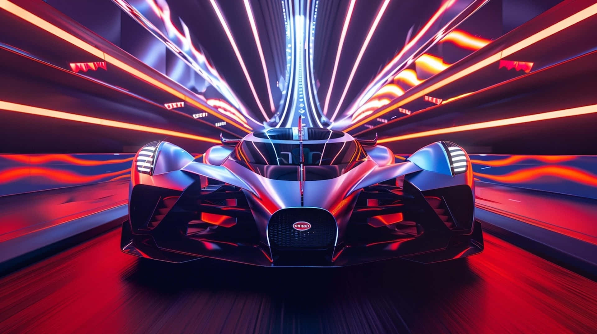 Bugatti Bolide, neon-lit tunnel, streaking red and blue light trails, Full HD Desktop Wallpaper