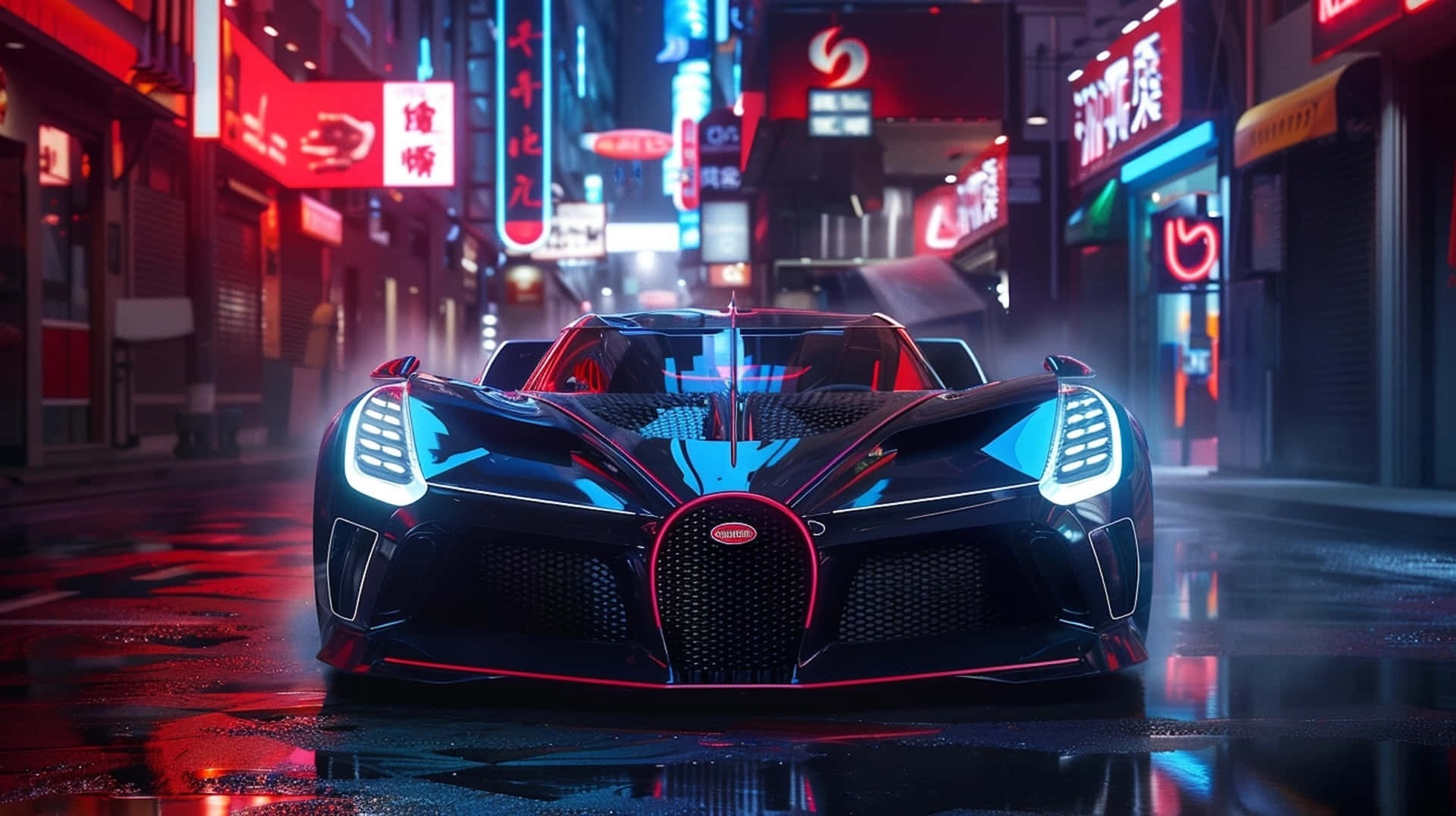 Bugatti Bolide, neon lights, rain-slicked, Full HD Desktop Wallpaper
